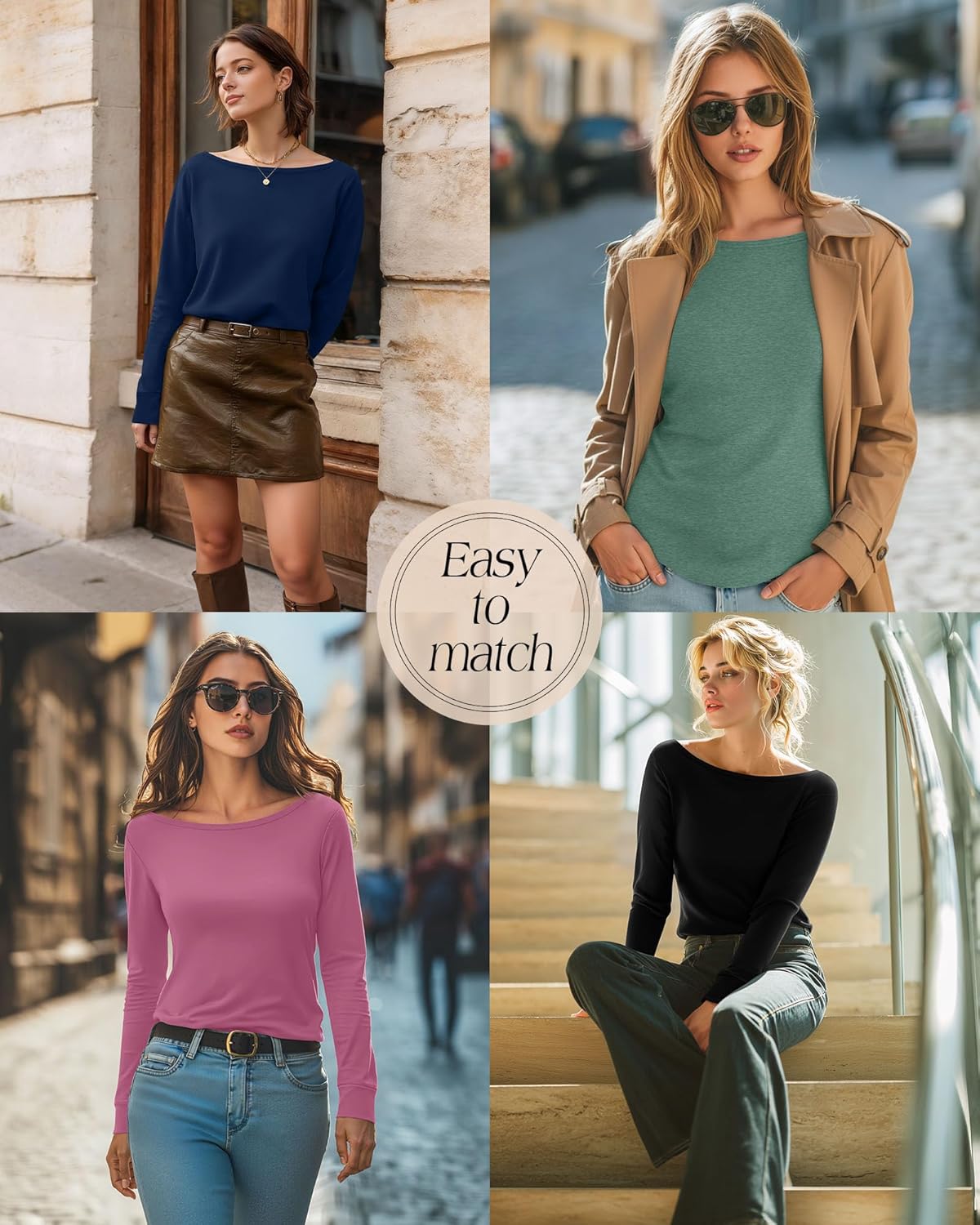 4 Pack Women's Boat Neck Shirts, Cotton Long Sleeve Tunic Tops Loose Fit Blouses Basic Casual Fall Tee Shirt - Image 2