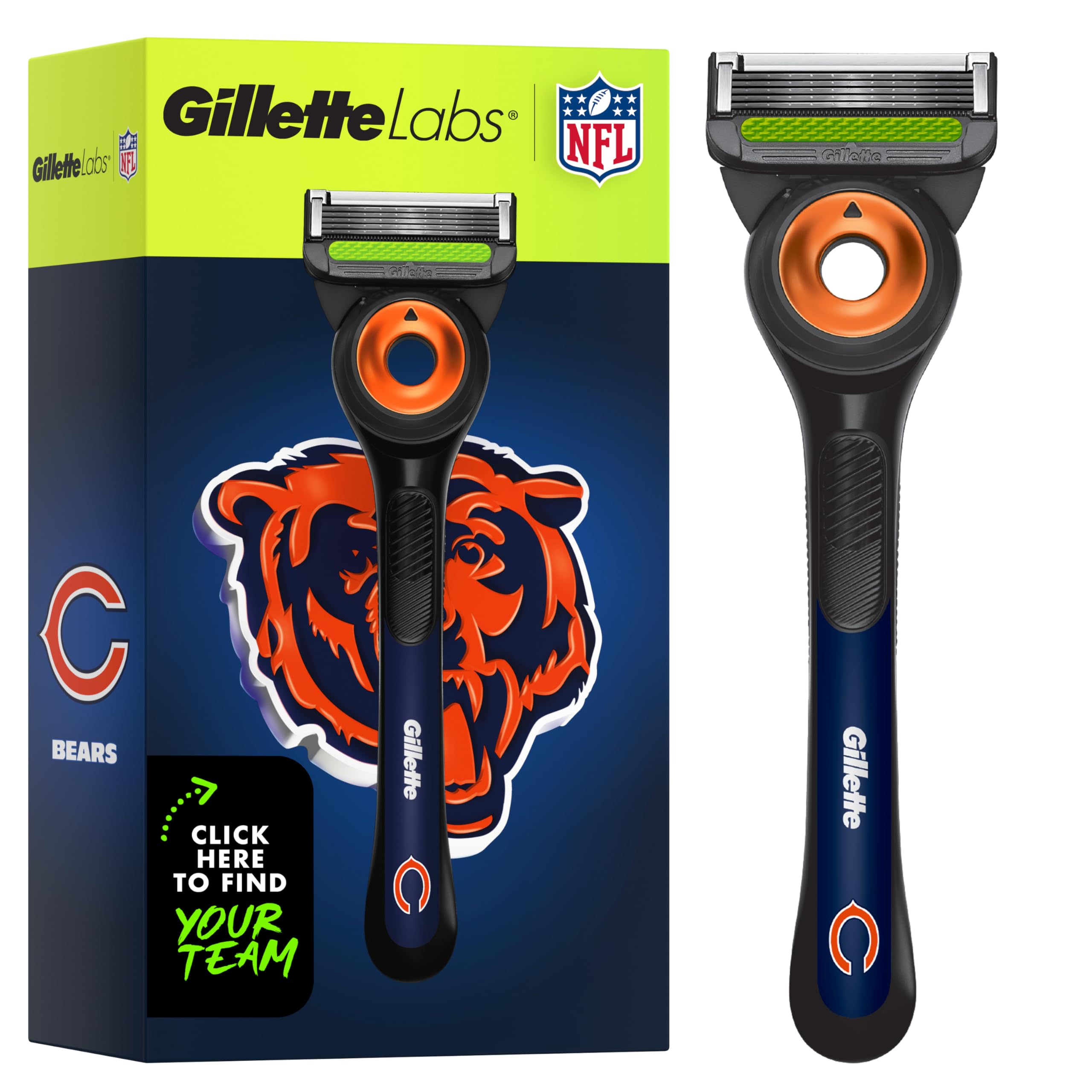 Gillette Labs Special NFL Bears Edition Shaving Razor for Men - 1 Handle, 4 Razor Blade Refills & Magnetic Stand, GilletteLabs with Exfoliating Bar