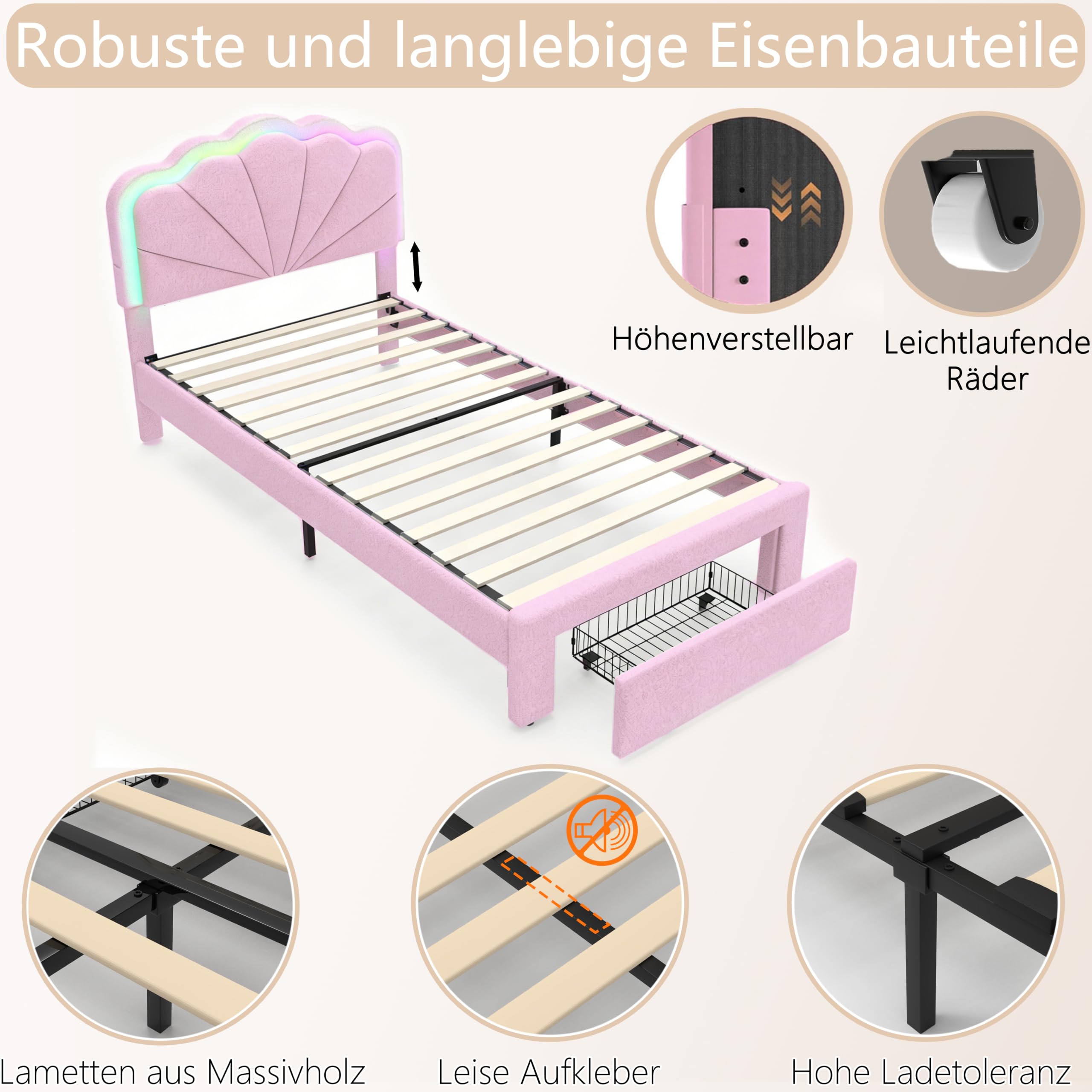 Bettrahmen mit 1 Schublade, 90×200 cm, Teddyvelours, Pink | LED-Beleuchtung, verstellbares Kopfteil, Ladestation, USB & Type-C, gepolstertes Bett, Fußteil-Schublade, Holzlatten