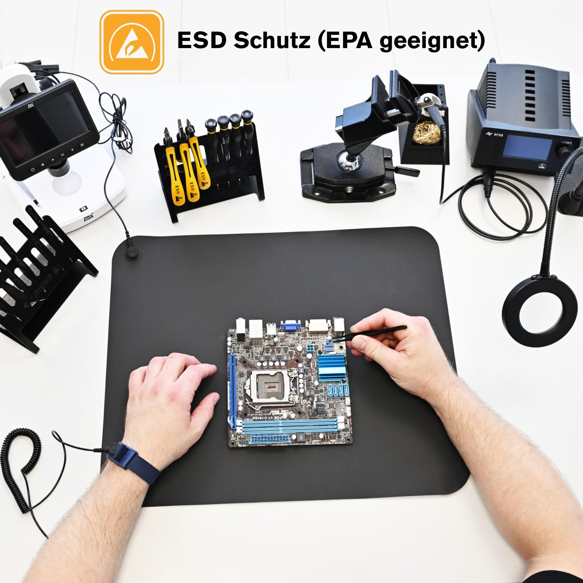 BERNSTEIN ESD Handling Set 7 piezas | ESD Matte Negro (50 x 40 cm) + Cable de tierra + Conector de tierra + Lupa de mano LED + Pinzas + Pulsera + Cable en espiral | ESD Computer Tischmatte