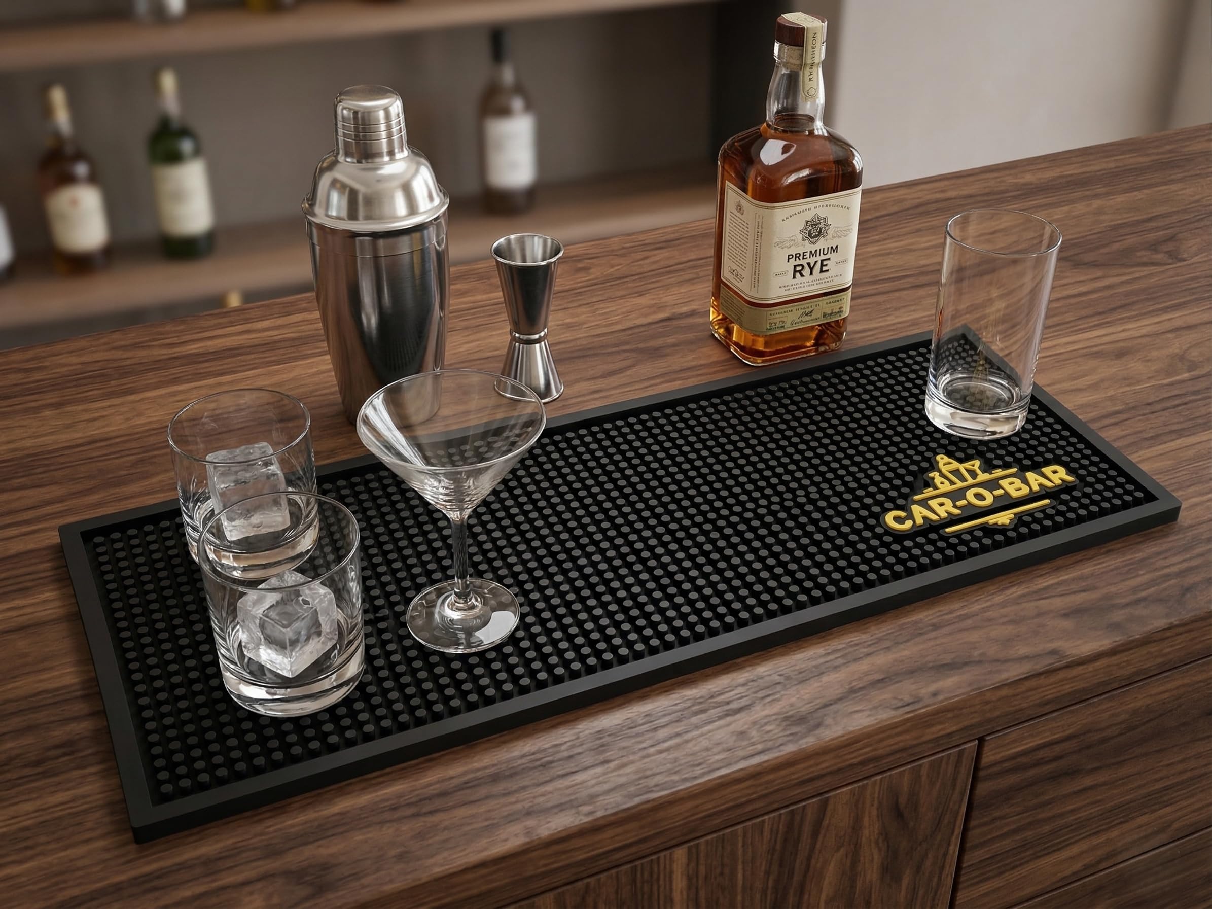 CAR-O-BAR Premium Black Bar Mat 24x8inch | Anti Slip Cocktail Service Spill Mats for Home - Bartending, Coffee Bar Dish Drying Mat for Countertop for Home & Kitchen (Black Dotted Design)