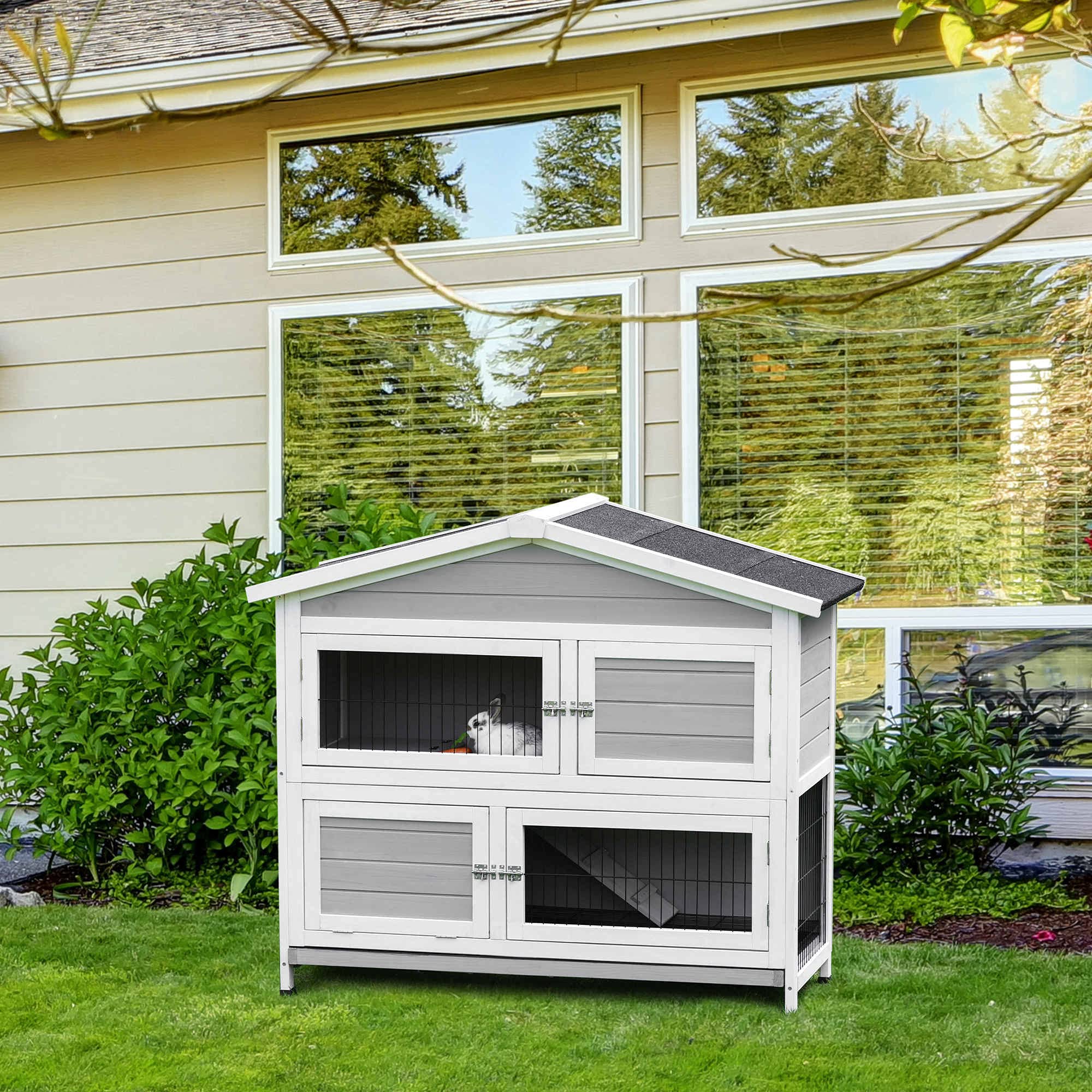 PawHut 48" 2Floor Large Rabbit Hutch Wooden Pet House MultiDoor Bunny