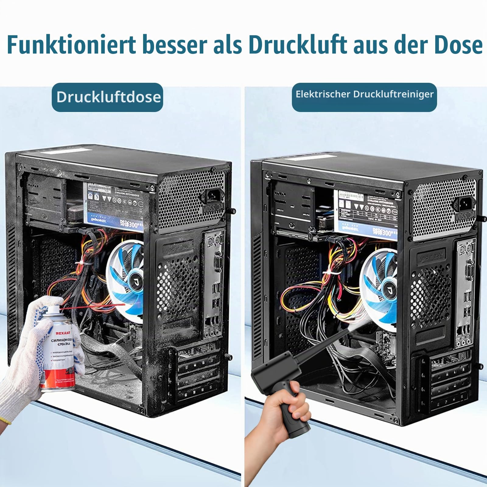 Elektrische Staubgebläse Druckluftspray für PC Reinigung - 3-Gang Air Duster mit 6000 mAh Akku, 5 Blasdüsen 2 Vakuumdüsen, 3 Antistatikbürsten, Compressed Air Luftdruckspray für Elektronik Sofa Auto