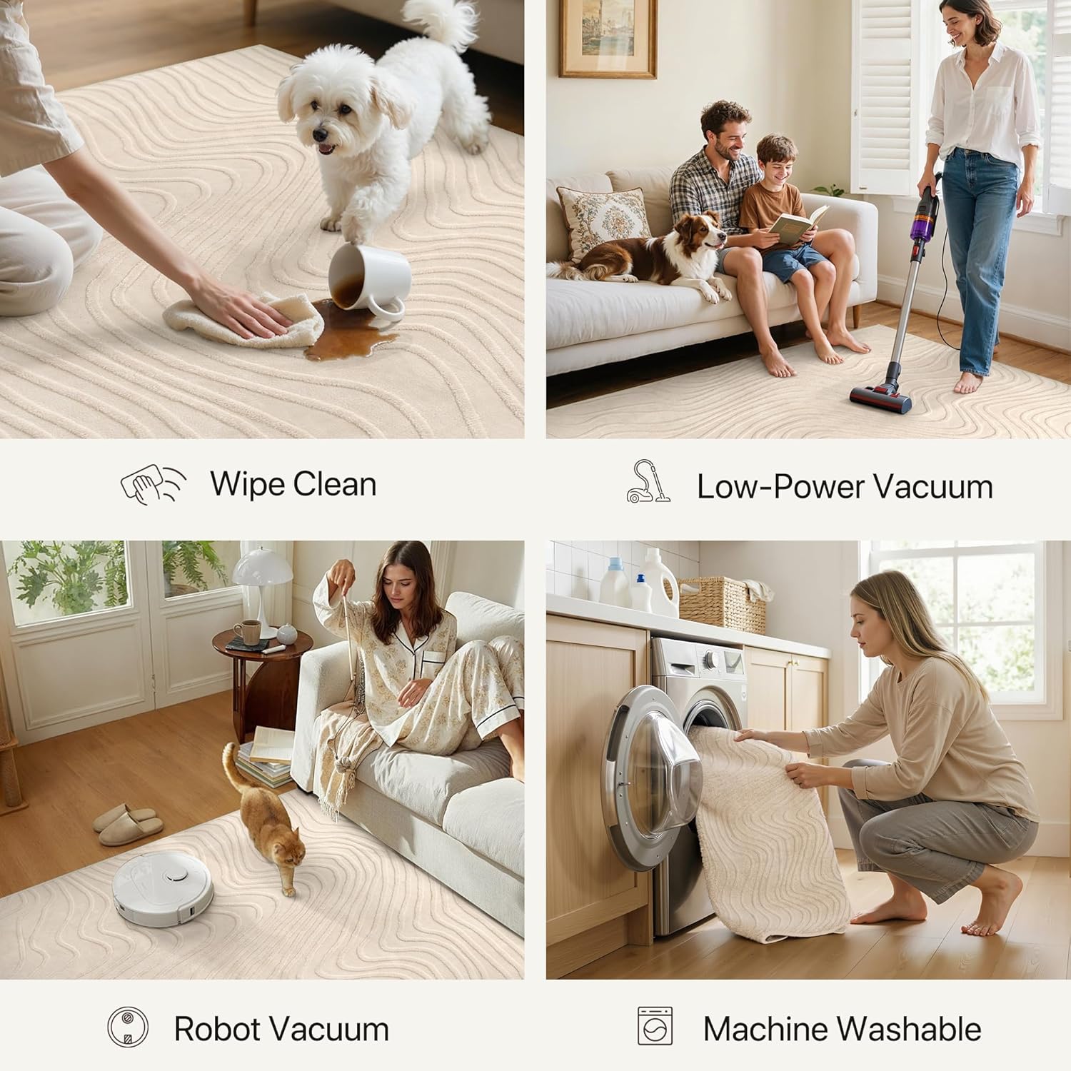 GENIMO Soft Washable Area Rugs 5x7, 3D Modern Wave Textured Rugs for Living Room, High-Low Pile Non Slip Fuzzy Carpet, Non-Shedding Stain Resistant Thin Beige Rugs for Bedroom, Dining Room, Nursery