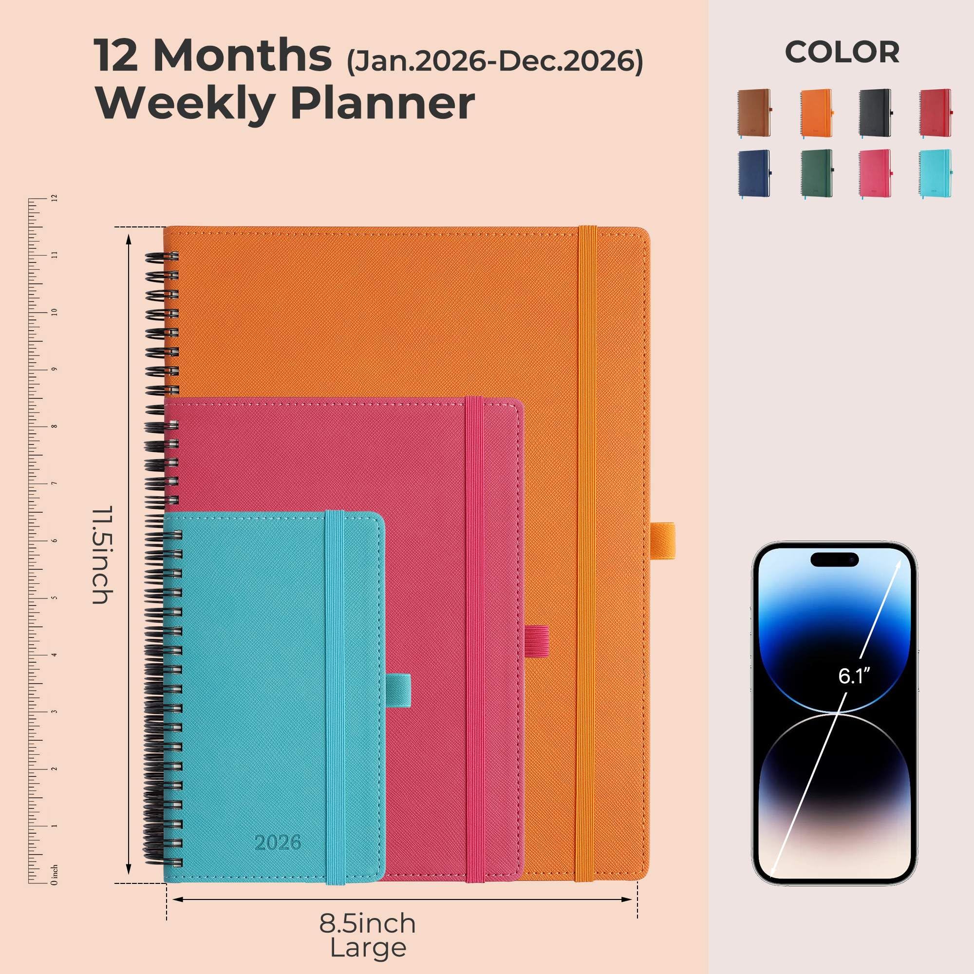 Agenda semanal 2026 con espiral de cuero y tapa suave, grande, color azul claro