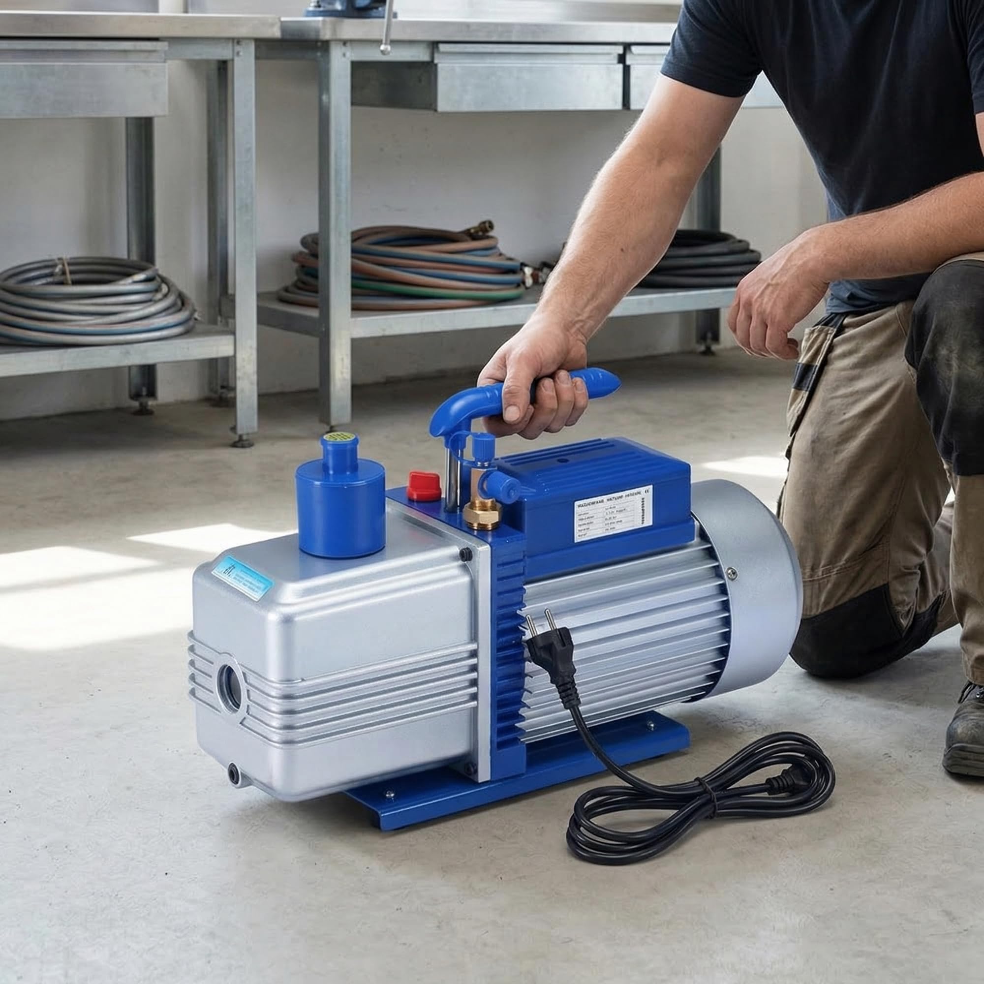 Mucola Vakuumpumpe 2-stufig 284 l/min 10 CFM 0,3 Pa Silber/Blau | Unterdruckpumpe Klimapumpe Aluminiumgehäuse Öl-Schauglas Rückschlagventil | HVAC Pumpe Klimaanlage Kältetechnik Entgasung 230V