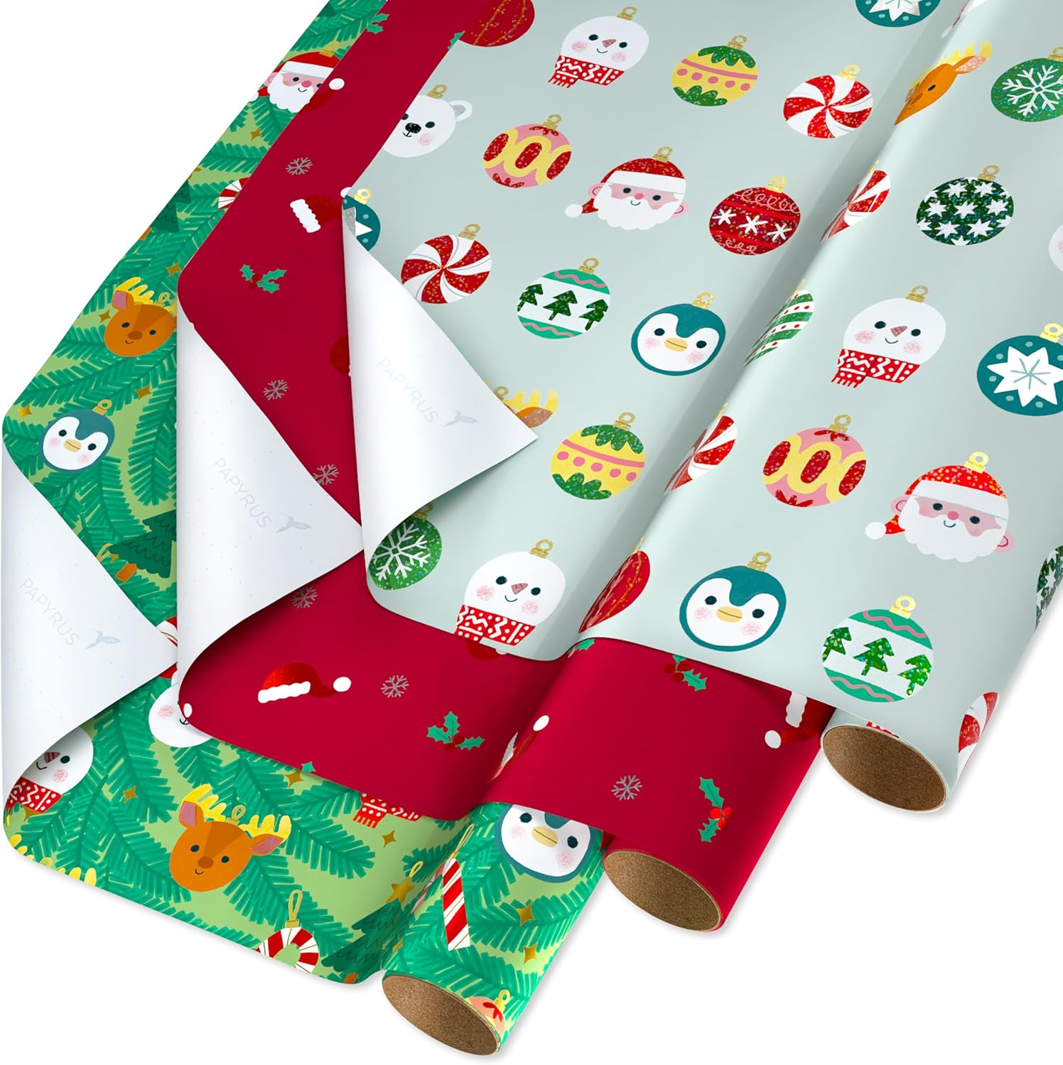 Papyrus Christmas Wrapping Paper Rolls, Ornaments, Santa Hats and Animals (3 Rolls, 22.5 sq. ft.) FSC RW SET PLAYFUL ORNAMENTS