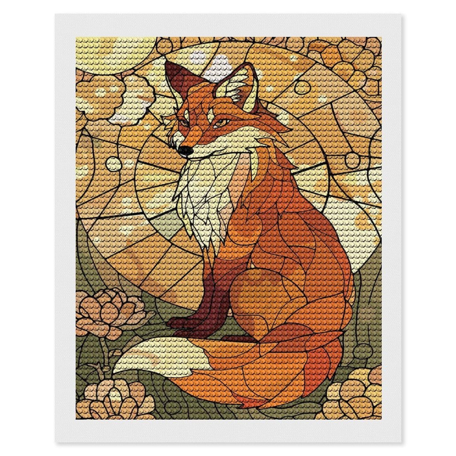 Junmoney Stained Glass Fox with Floral Background Diamond Art Canvas 16"x20", for Adults, Printed Canvas, Home Wall Decor, Gift Idea, Mindful Craft Activity