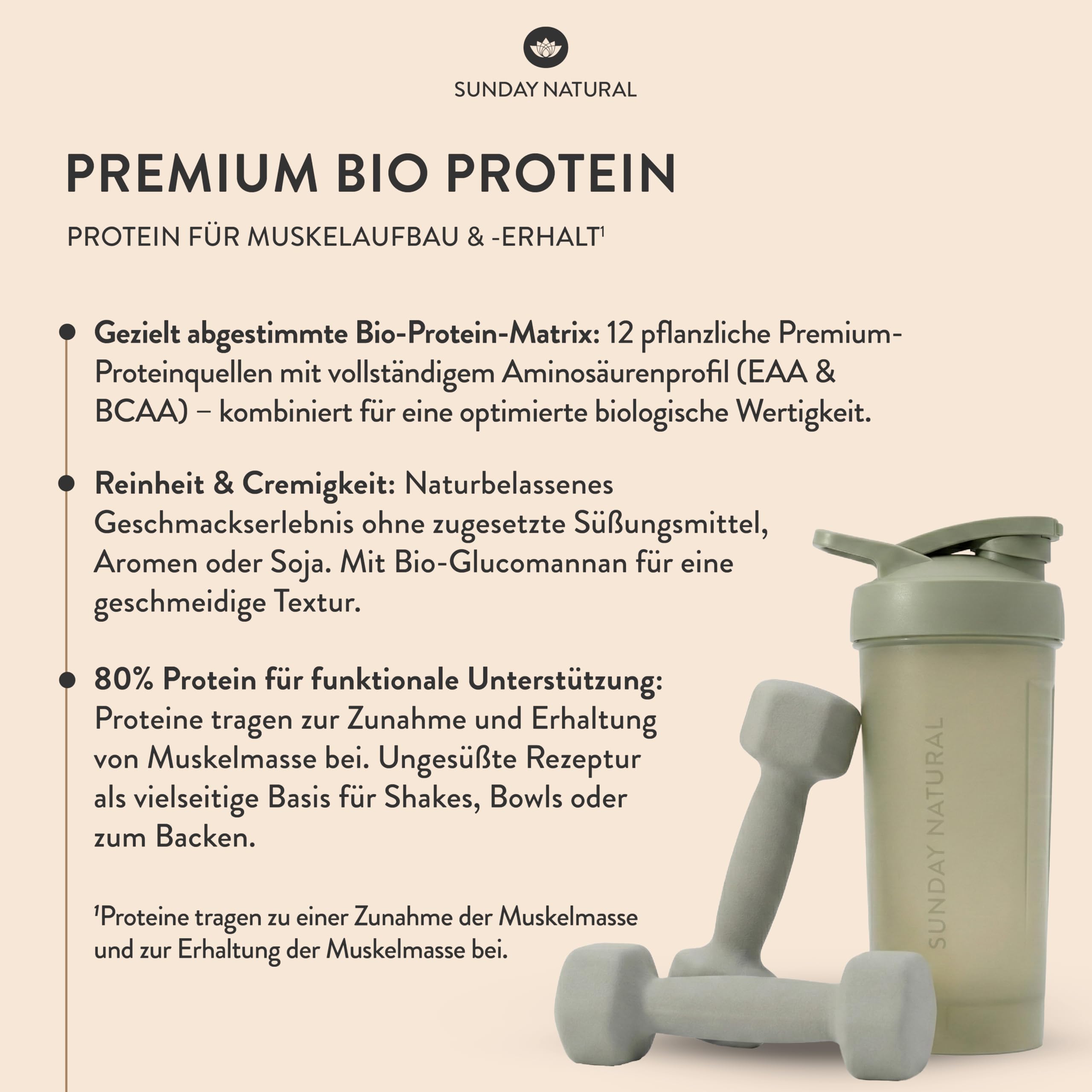 SUNDAY NATURAL® Bio Protein Pulver – 1000g – Veganes Eiweißpulver – 80% Eiweiss – 12K Proteinpulver Blend – Vollständiges EAA & BCAA Profil – Ohne Zucker & Süßstoffe – Vegan, Laborgeprüft - Natural