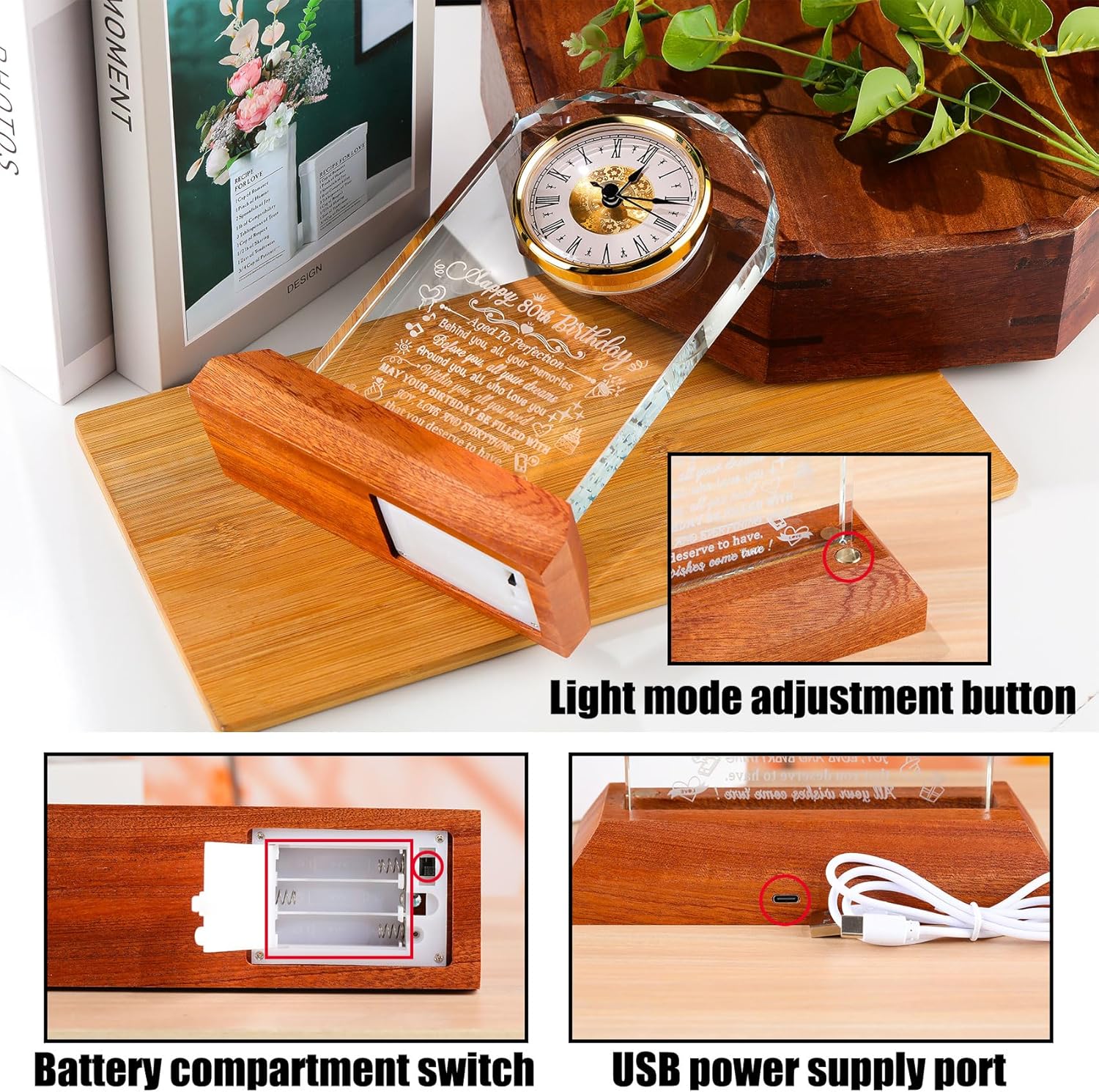 Happy 80th Birthday Crystal Clock Gifts for Men Women Turning 80 Birthday Quartz Clock Gifts with LED Wooden Light Base 80 Years Old Birthday Presents for Parents Mom Dad Home Decor - Image 6