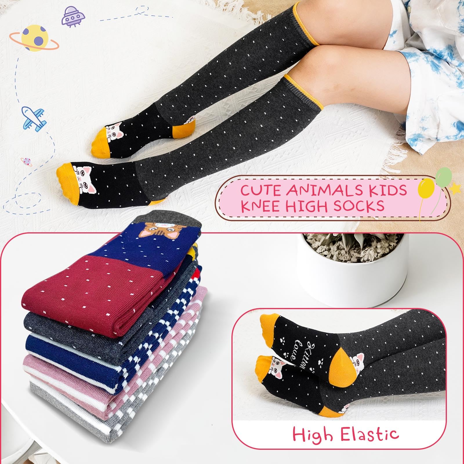 Artfasion Calcetines altos hasta la rodilla para niñas: calcetines largos divertidos de dibujos animados, transpirables, sin costuras, para niños de 2 a 14 años