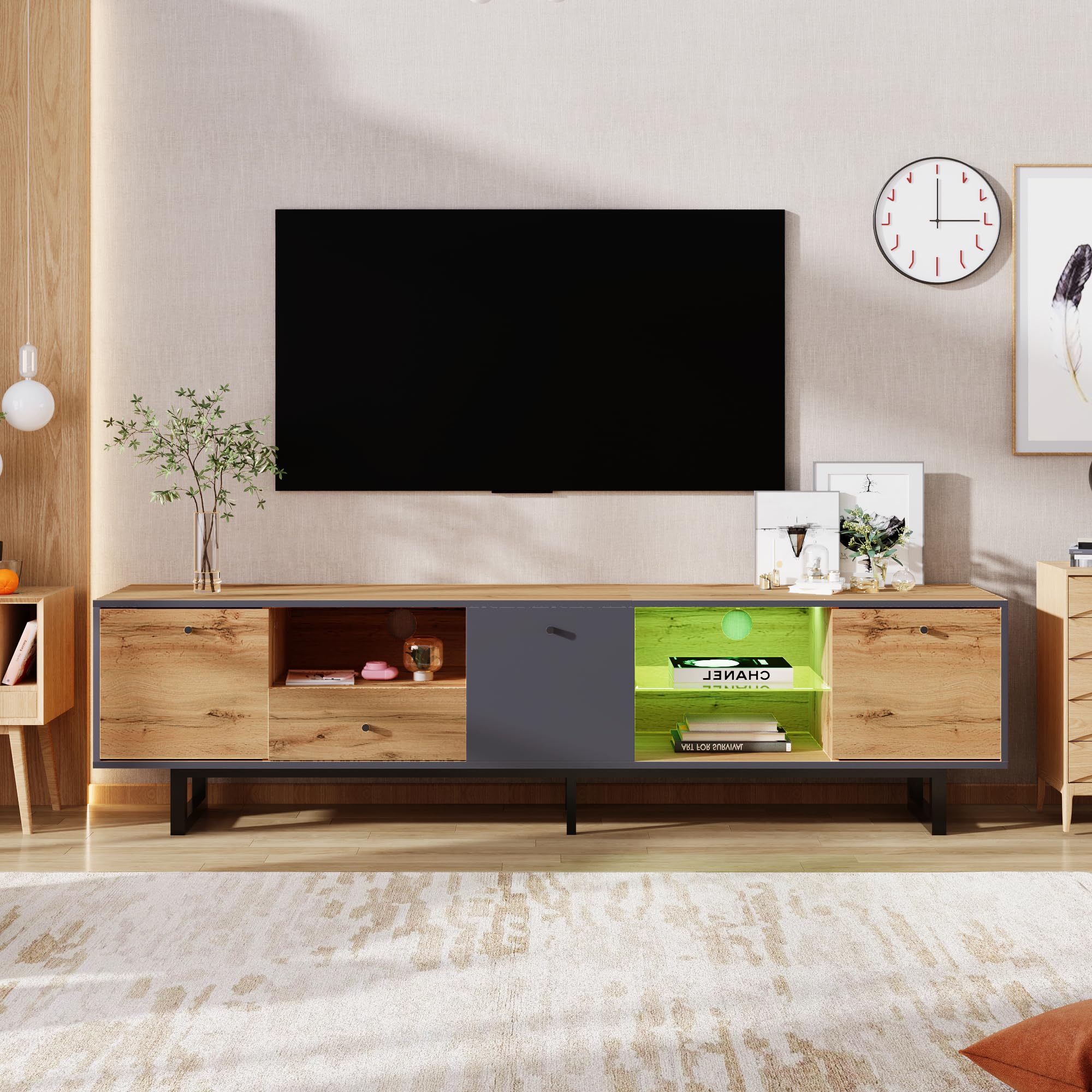 Mueble bajo para TV, 190 x 40 x 50 cm, con efecto de luz LED, para salón, moderno, con bisagra de búfer, diseño a juego