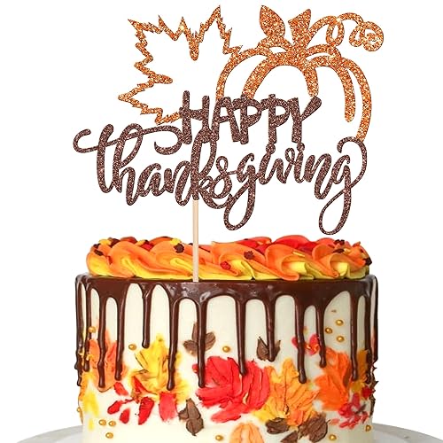 1 pieza de decoración de pastel de Acción de Gracias con purpurina de hoja de arce calabaza Happy Friendsgiving Cake Pick Fall Harvest Give Thanks