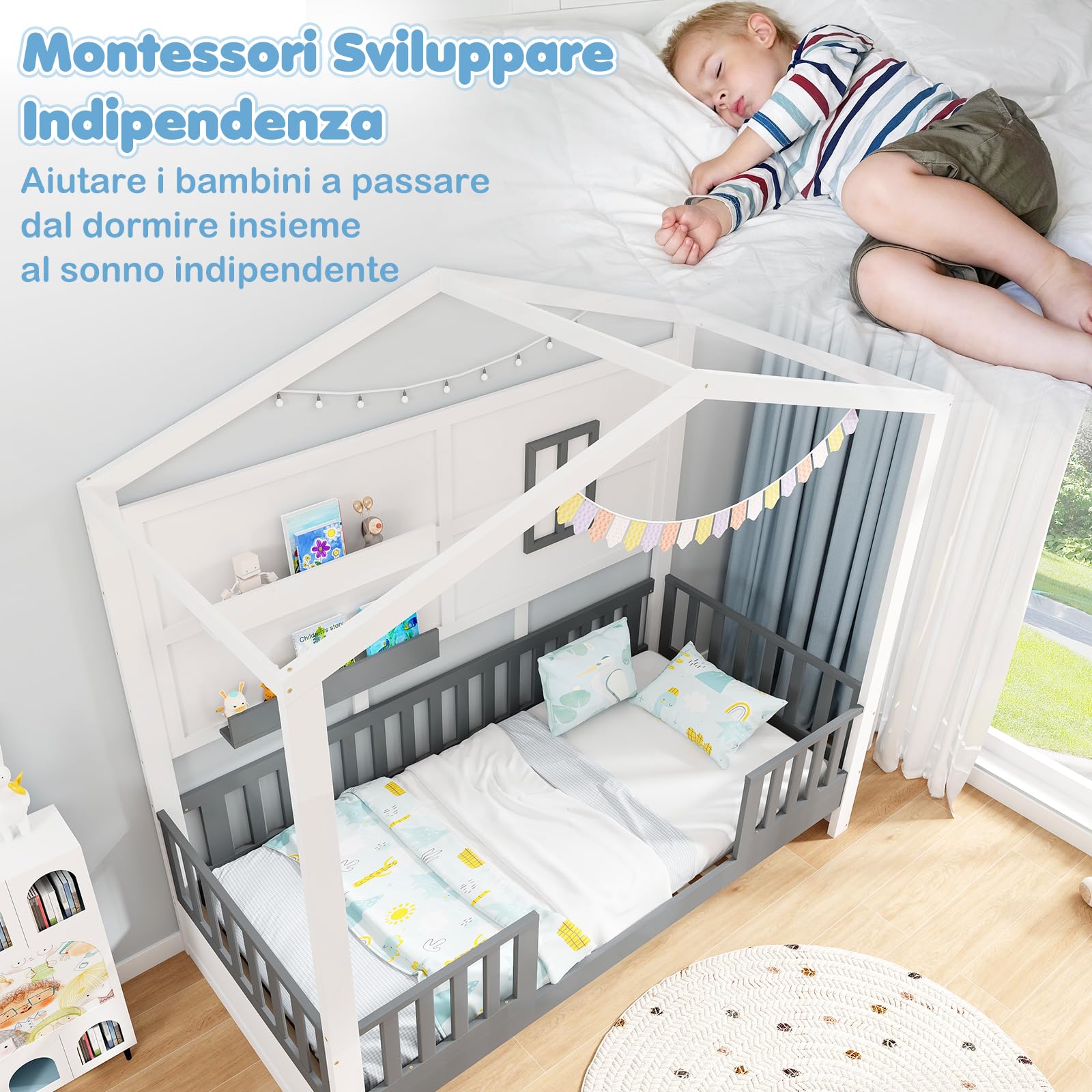 COSTWAY Letto per Cameretta a Forma di Cassetta 90 x 200 cm, per Bambini Struttura di Legno di Pino, Letto Casetta Montessori con 2 Ripiani Mensole e Protezione Anticaduta, Bianco e Grigio