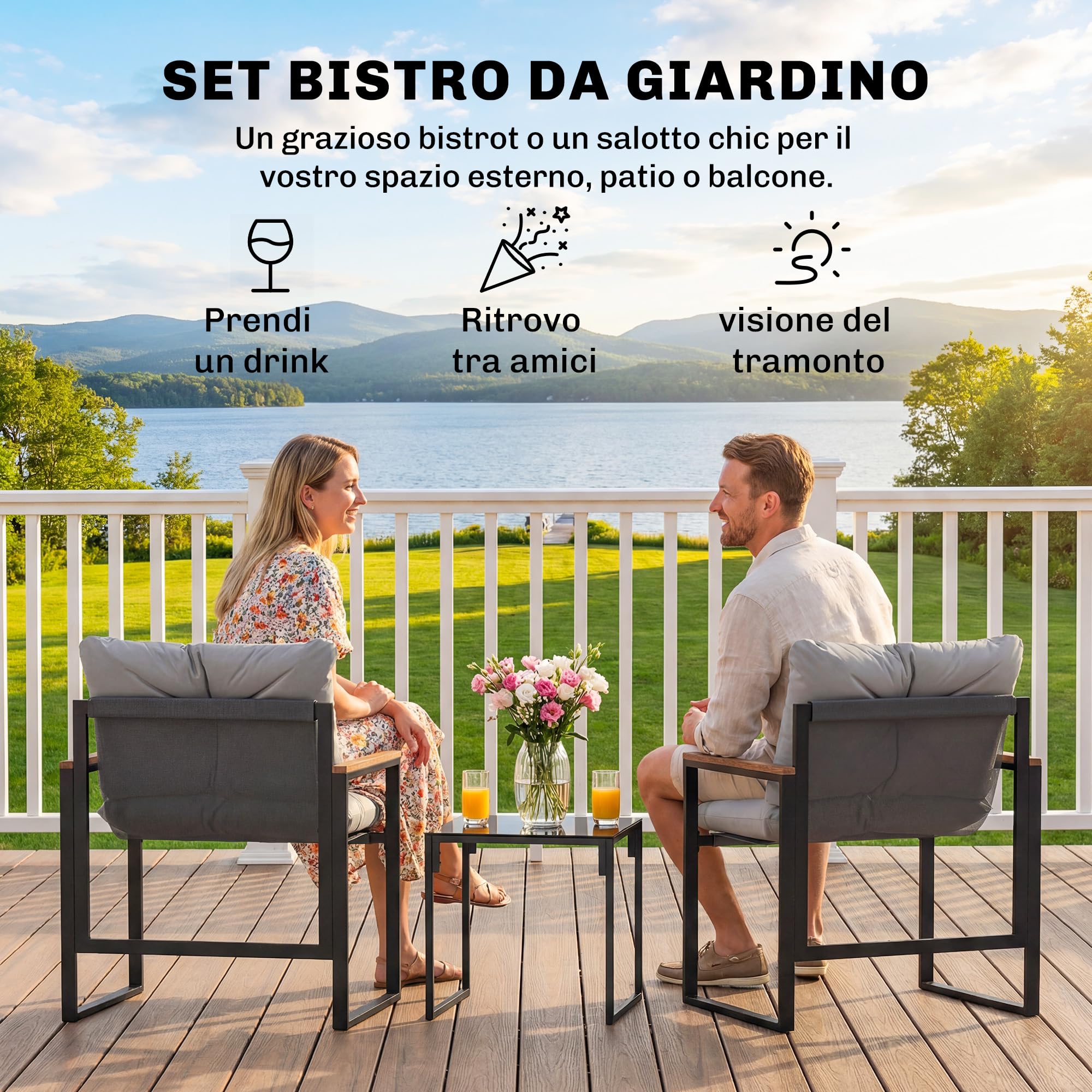 Outsunny Set da Bistrò da 3 Pezzi, Set da Giardino con 2 Sedie Texteline, Tavolo Vetro Temperato, Cuscini Spessi, Braccioli Decorativi, Set di Mobili da Giardino in Metallo, per Patio Balcone, Grigio