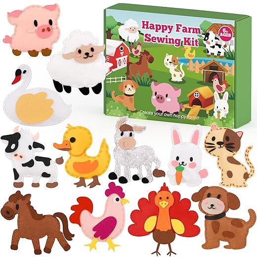 YEETIN Sewing Kit for Kids Ages 6+, Beginner Felt Sewing Craft Kit, DIY Farm Stuffed Animals Making Set, Art Projects for Girls Toys, Learn to Sew Gifts for Birthday Christmas