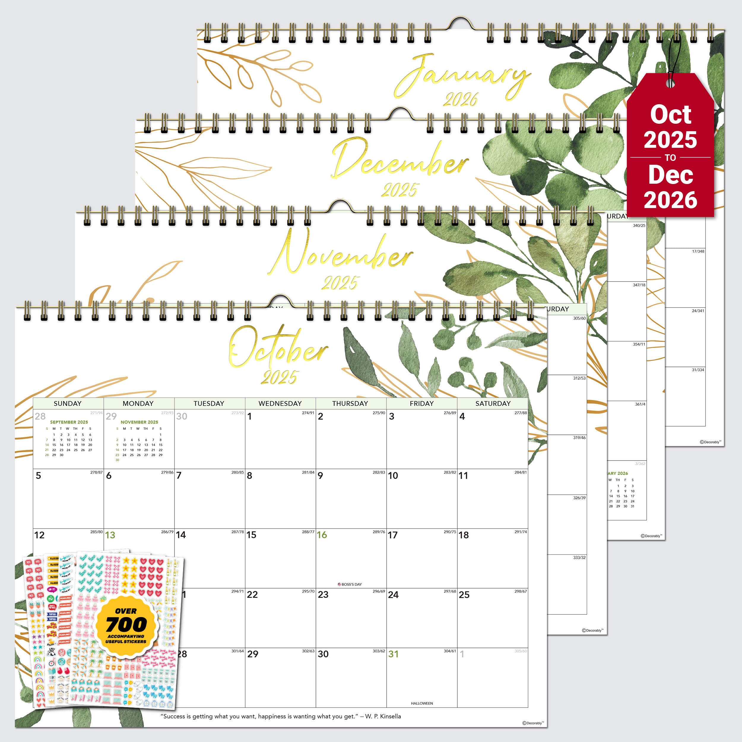 Decorably 18 Months Gold-Foiled Greenery Academic 18 Month 2025 Calendar Wall July 2025 to Dec 2026, 14.5x11.5in Spring-Bound Green Wall Calendar with