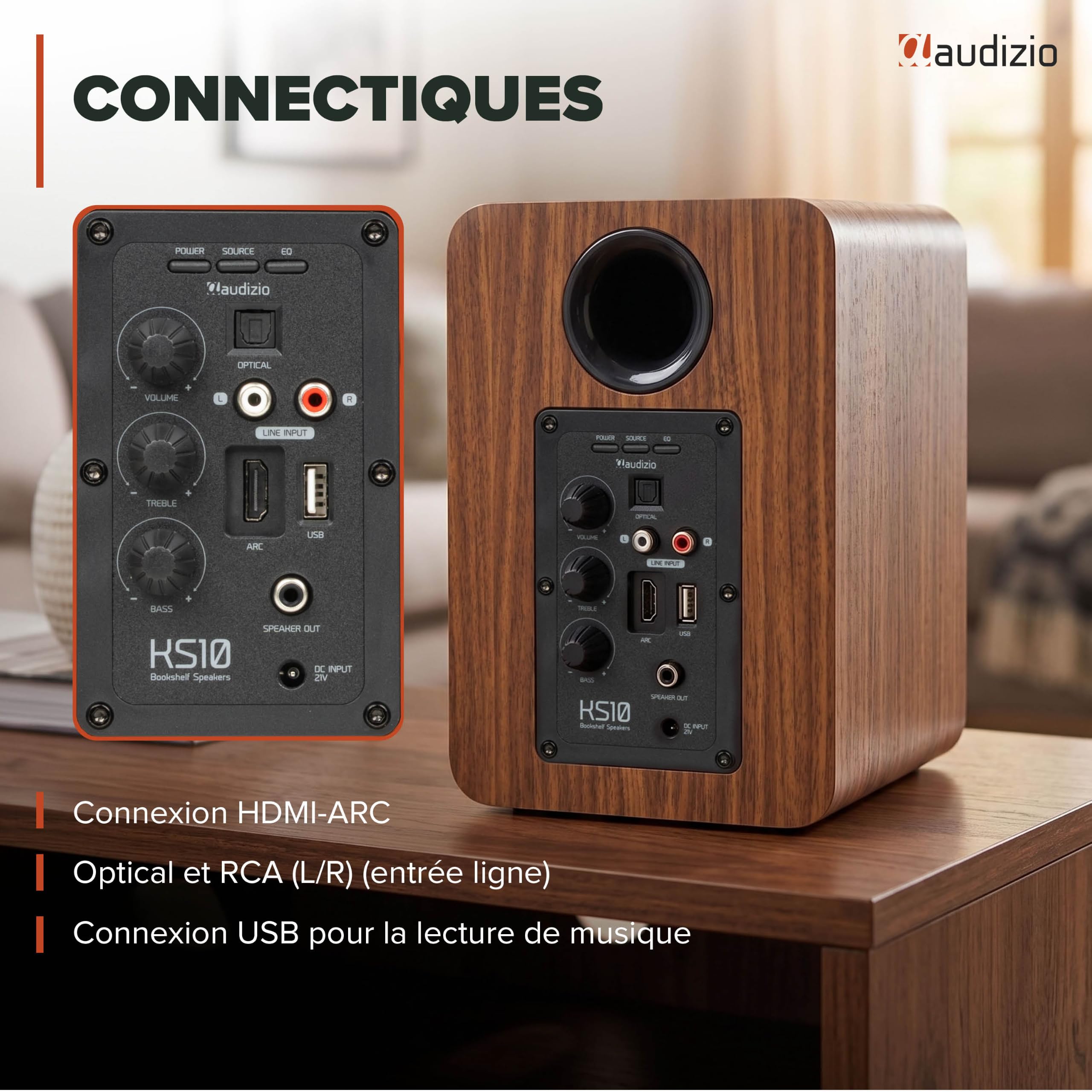 Audizio KS10 Enceintes Hi-FI Actives HDMI Arc BT 5.3 Noyer