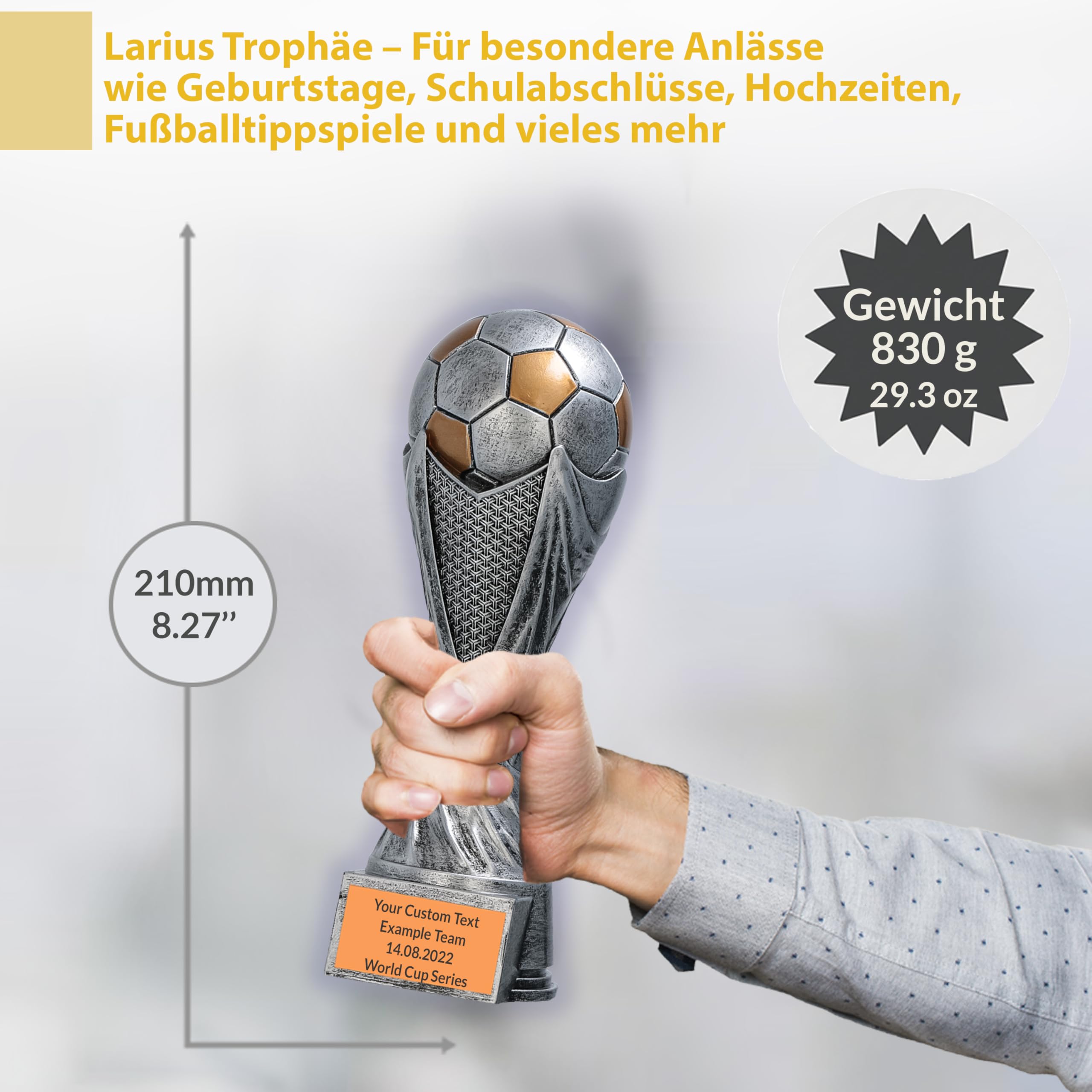 Larius Trophée Football avec Ballon 15–21 cm (300–830 g) – Coupe Lourde en Résine avec Gravure Optionnelle – pour Tournois, MVP, Meilleur Buteur & 1re–3e Place – M5