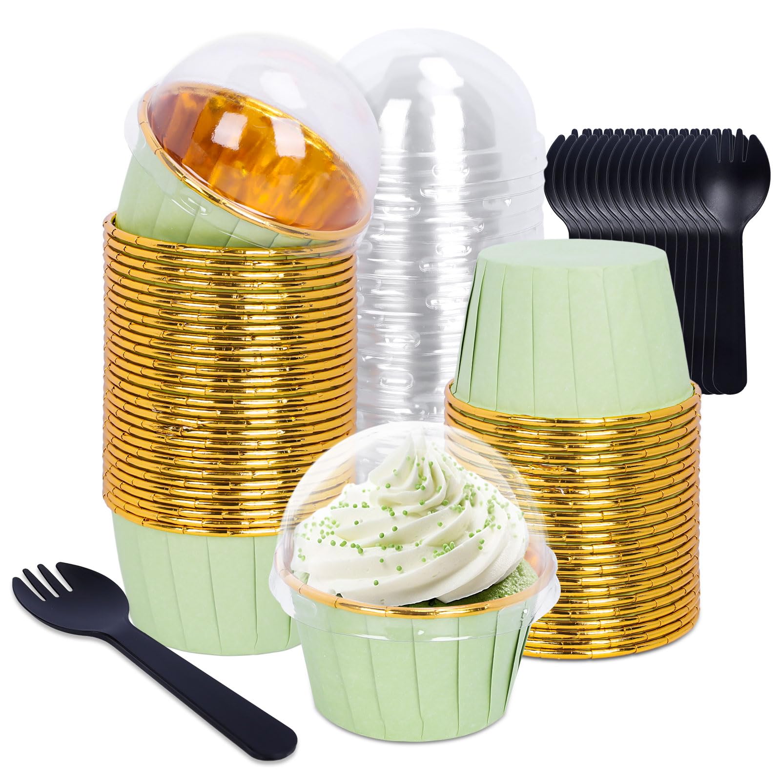 Whaline 100Pcs Sage Green Foil Cupcake Liners with Dome Lids Spoons Green Baking Cup Foil Metallic Muffin Liners Cupcake Wrappers for Wedding Bridal