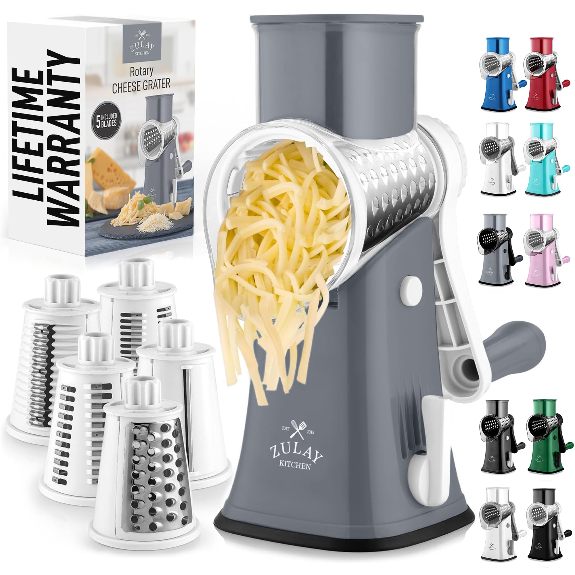 Zulay Kitchen Rotary Cheese Grater 5 Blade Cheese Shredder - Manual Hand Crank Cheese Grater With Reinforced Suction & 5 Interchangeable Drums - Easy to Use, Vegetable Chopper Round Mandoline Slicer