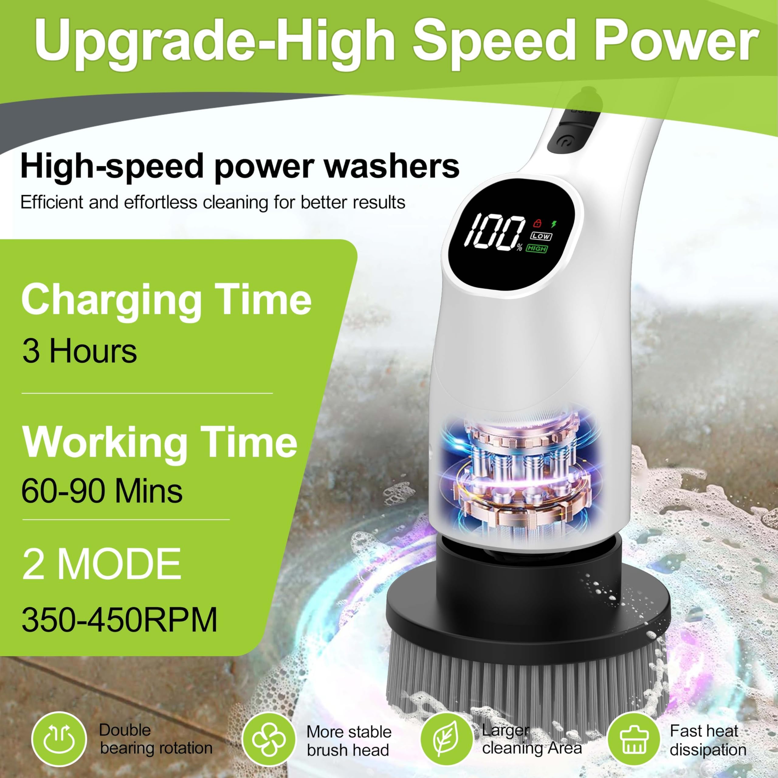 WKY - Brosse de douche électrique sans fil 10 en 1 avec poignée extensible, couple ultra élevé de 4,75 N·m, 2 vitesses, IPX7, écran LED, puce intelligente AI, pour salle de bain, cuisine