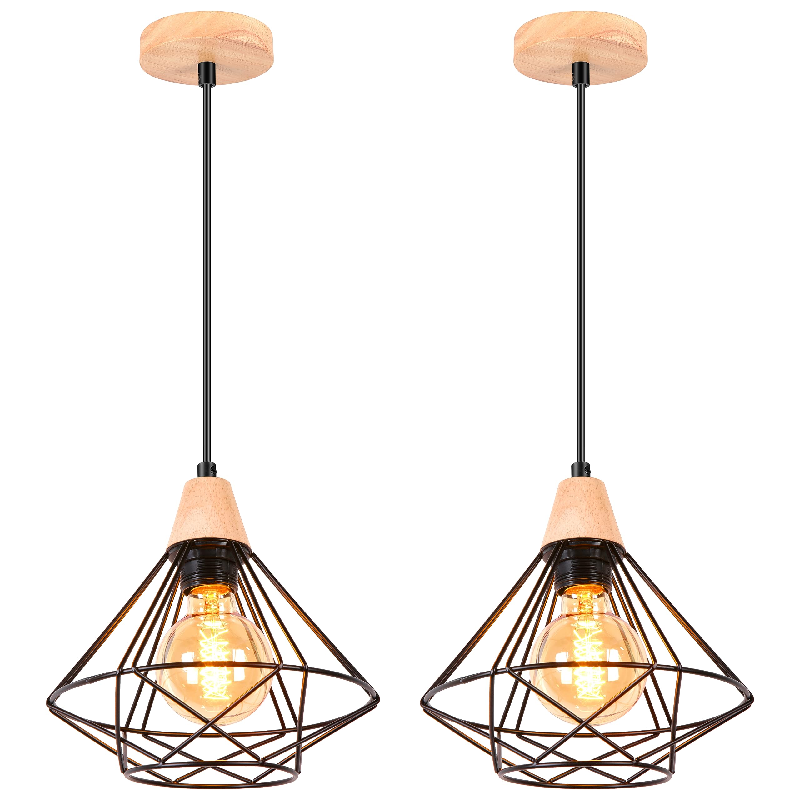 iDEGU 2 Piezas Lámpara Colgante Vintage 22cm Lámpara de Techo de Madera Metal Diseño de Jaula Creativo Pantalla Negro E27 Iluminación de Interior Luz Colgante para Dormitorio Comedor (Colgante 1 Luz)