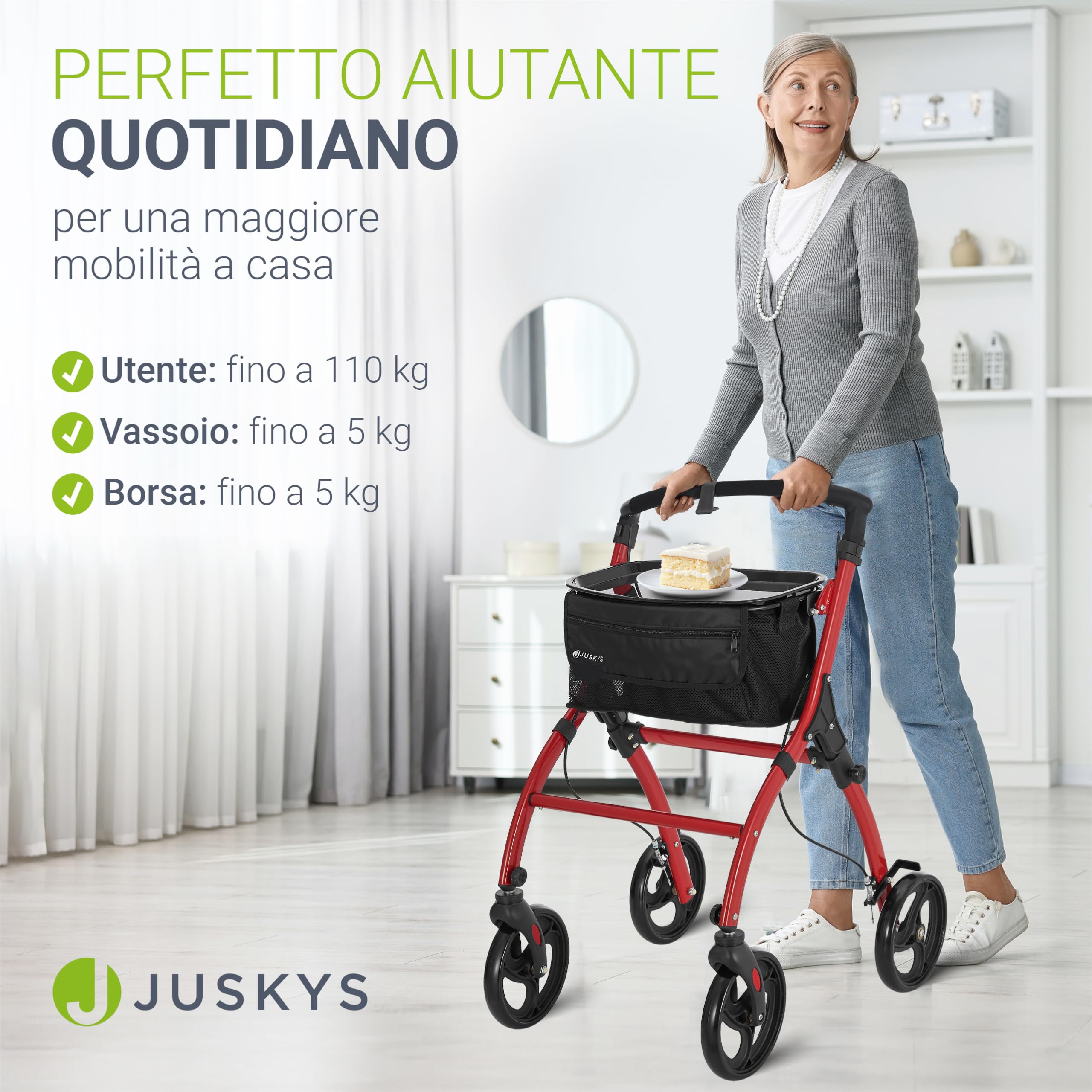 Juskys Deambulatore da Interno in Alluminio con Vassoio & Borsa - Rollator Leggero, Stretto & Pieghevole - Rosso