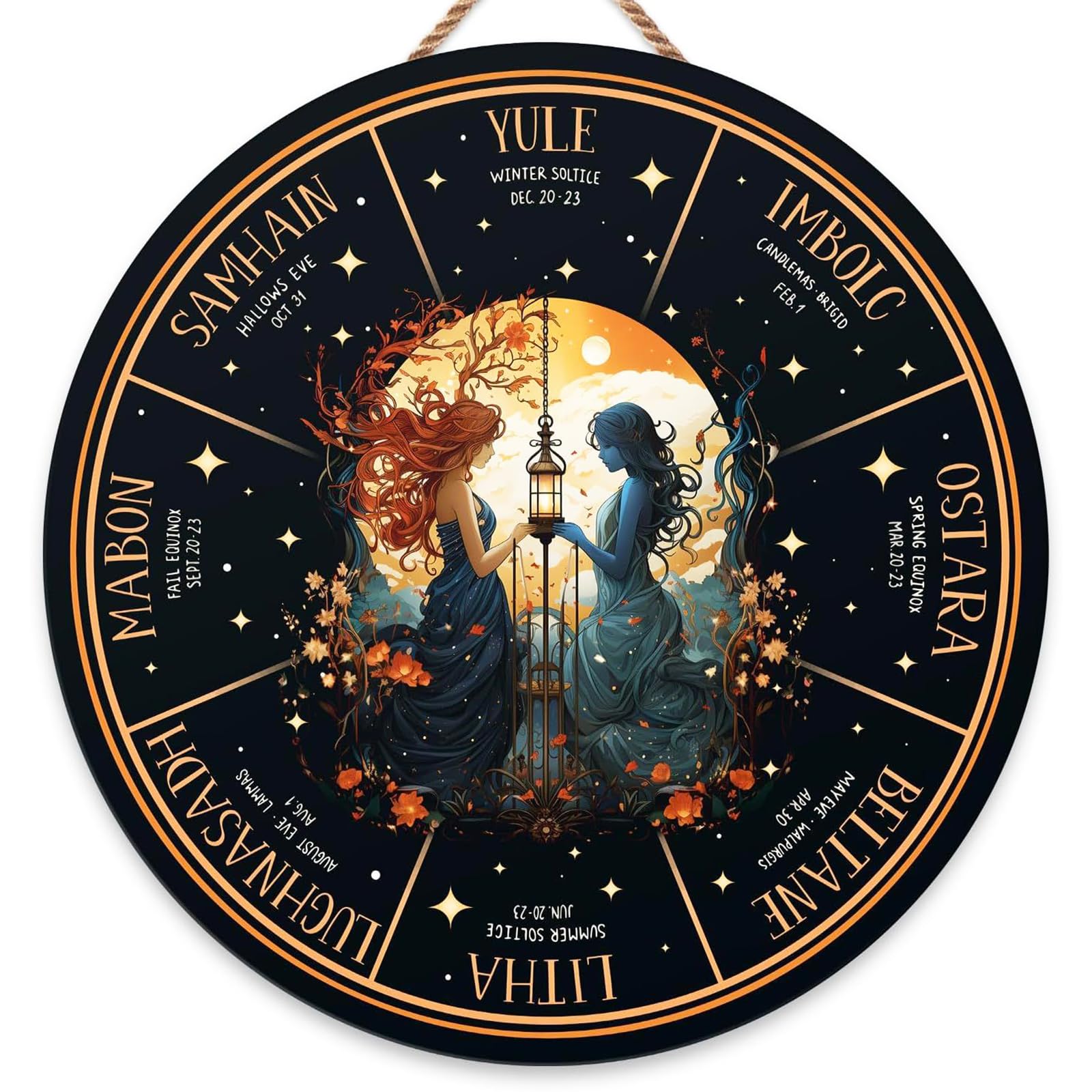 RIVEENY Wheel Of The Year Wall Hanging，12"Witchcraft Knowledge Sign Moon Decor Halloween Witch Decor Kitchen Witchery Sign Wizards Sign Celestial