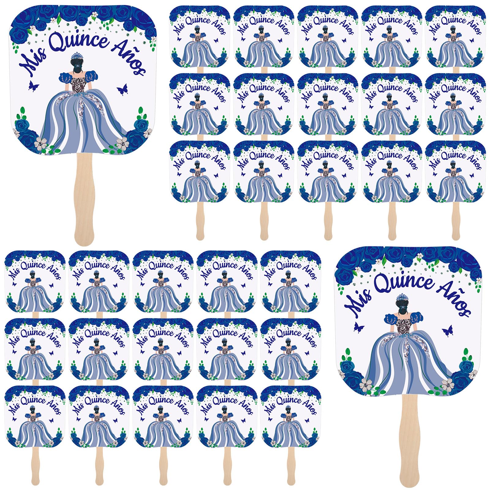 Geelin 25 Pcs 15 Quinceanera Gifts Mis Quince Anos Handheld Fans Paper Fans with Flower and Wooden Handle for Girls Teens Women Quinceanera Party Favors Souvenir Decorations(Blue)