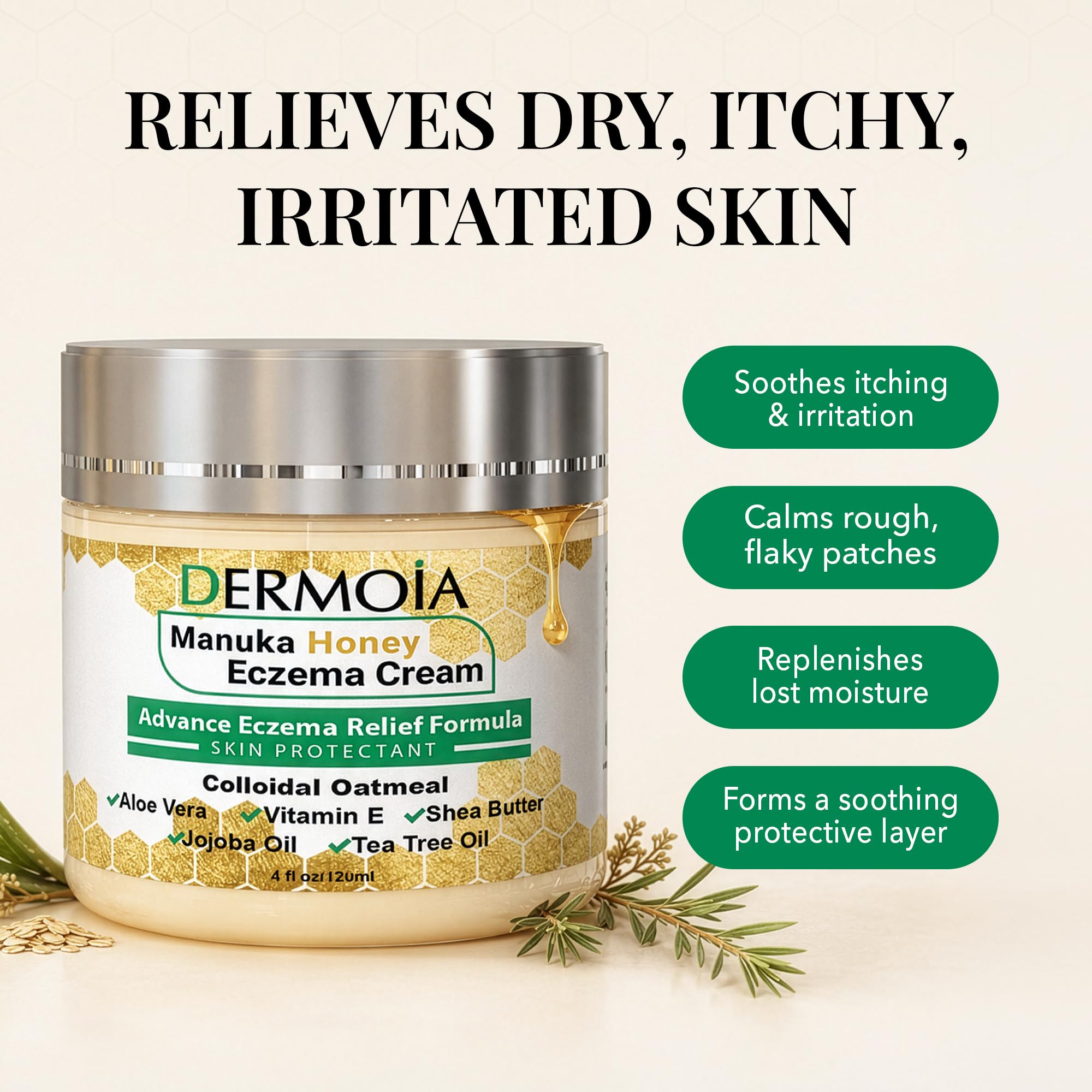 Manuka Honey Eczema Cream with 2% Colloidal Oatmeal - Anti Itch & Dry Skin Relief for Seborrheic Dermatitis, Psoriasis & Rosacea - Eczema Honey Cream for Adults & Kids - 4oz — Amazon image 2