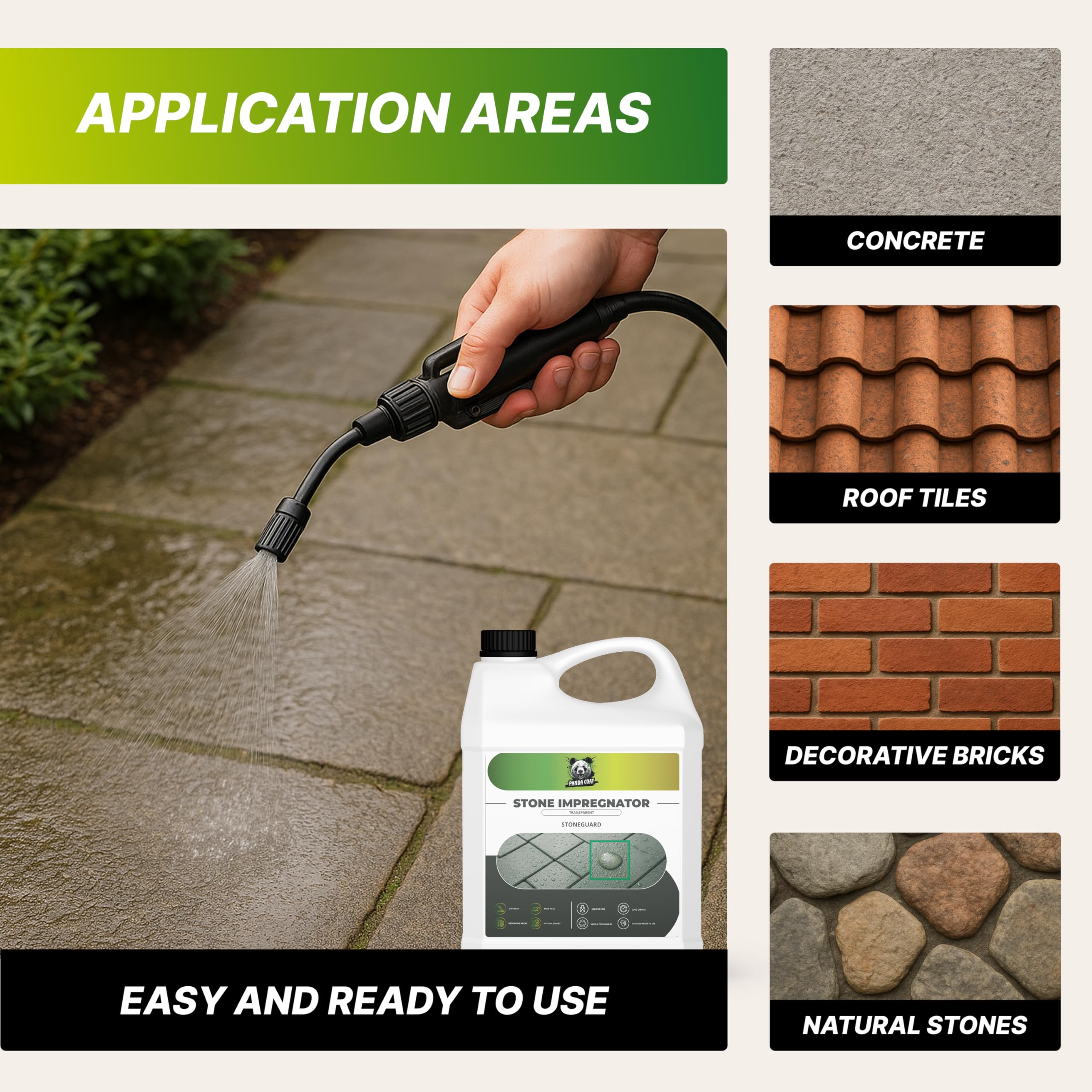 Panda Coat StoneGuard, Clear Water-Based Stone Sealer, Solvent-Free Patio & Driveway Protector, Concrete & Paving Sealer - Image 3