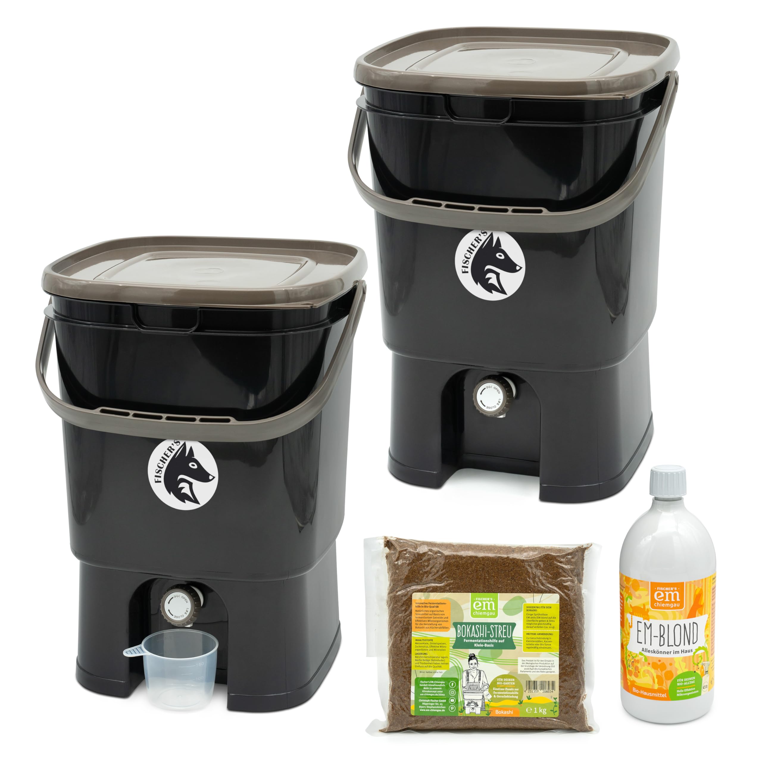 Bokashi Komposteimer Küche 2er Set [Geruchsdicht] 2 x 19 L Volumen, Küchenabfalleimer, Komposter mit Zubehör 1 L EM + 1 Kg Bokashi Ferment für Küchenabfall & Kompostieren | Biomülleimer