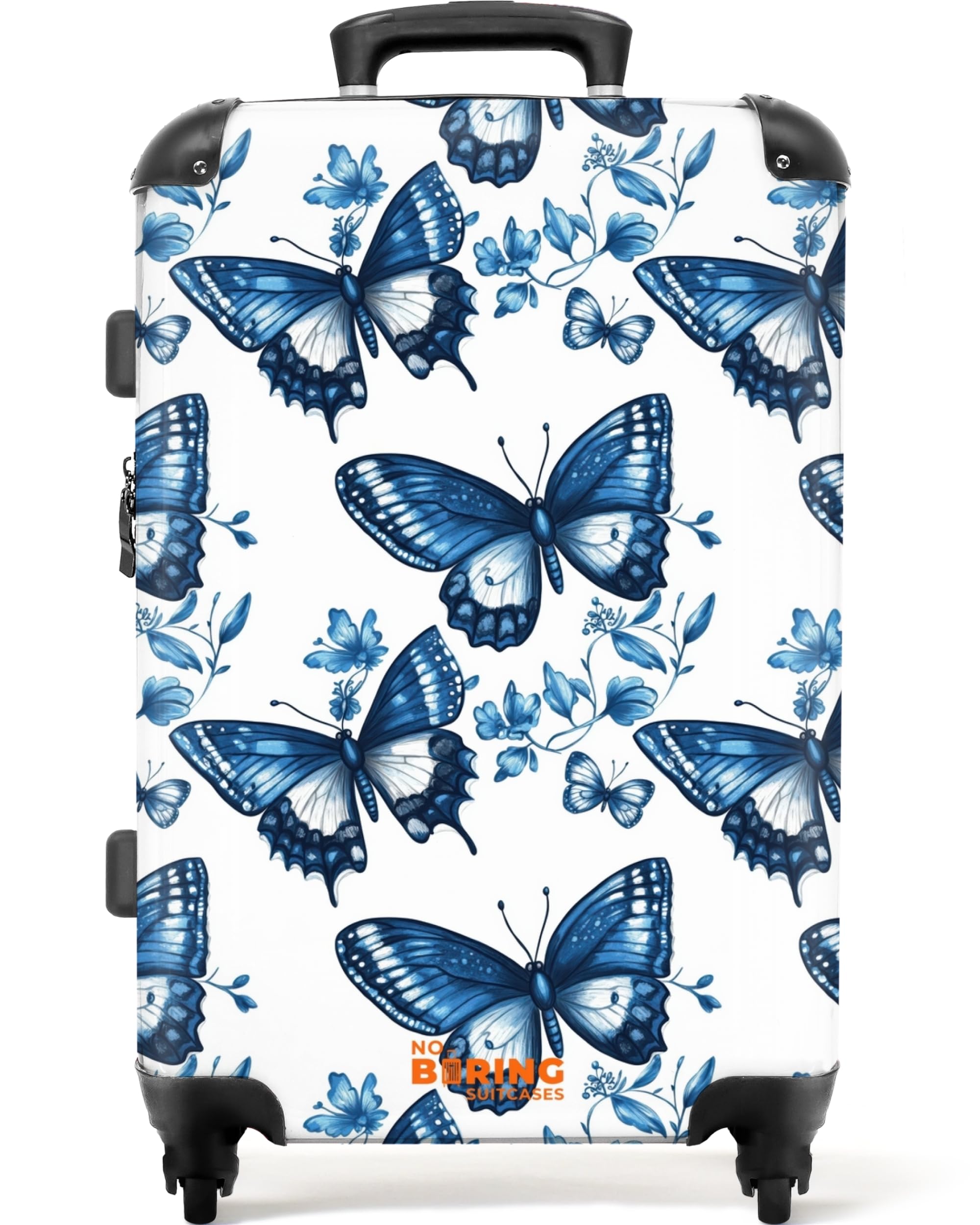 NoBoringSuitcases.com® Koffer Mittelgroß 67x43x25 cm Hartschalenkoffer L Trolley Rollkoffer 4 Rollen Leicht Hartschale Mittel Groß Blau - Schmetterlinge - Blumen - Weiß