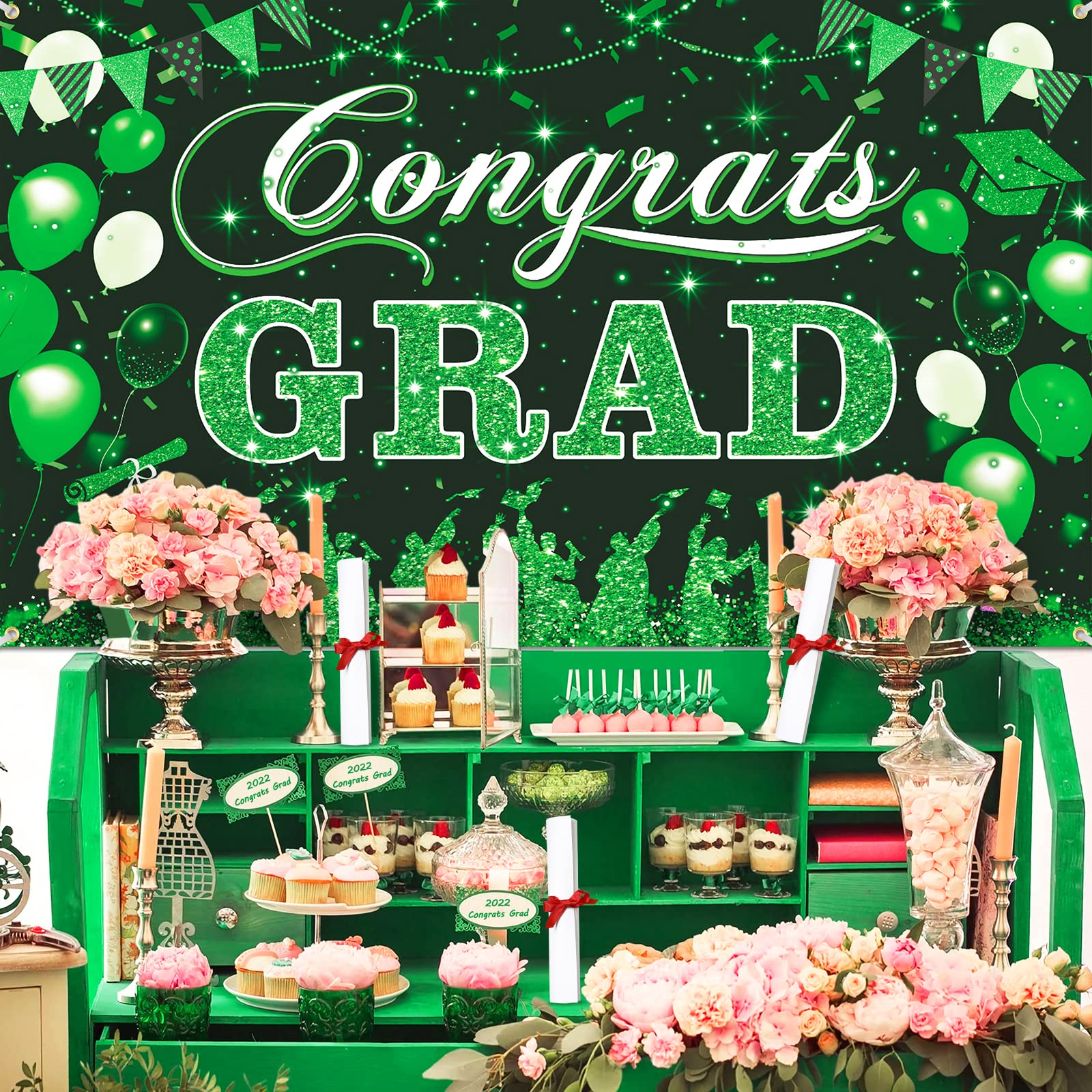 Banner verde nero Congrats Grad 2023 Banner verde decorazione di laurea, grande sfondo verde per feste di laurea per feste di laurea per classe 2023
