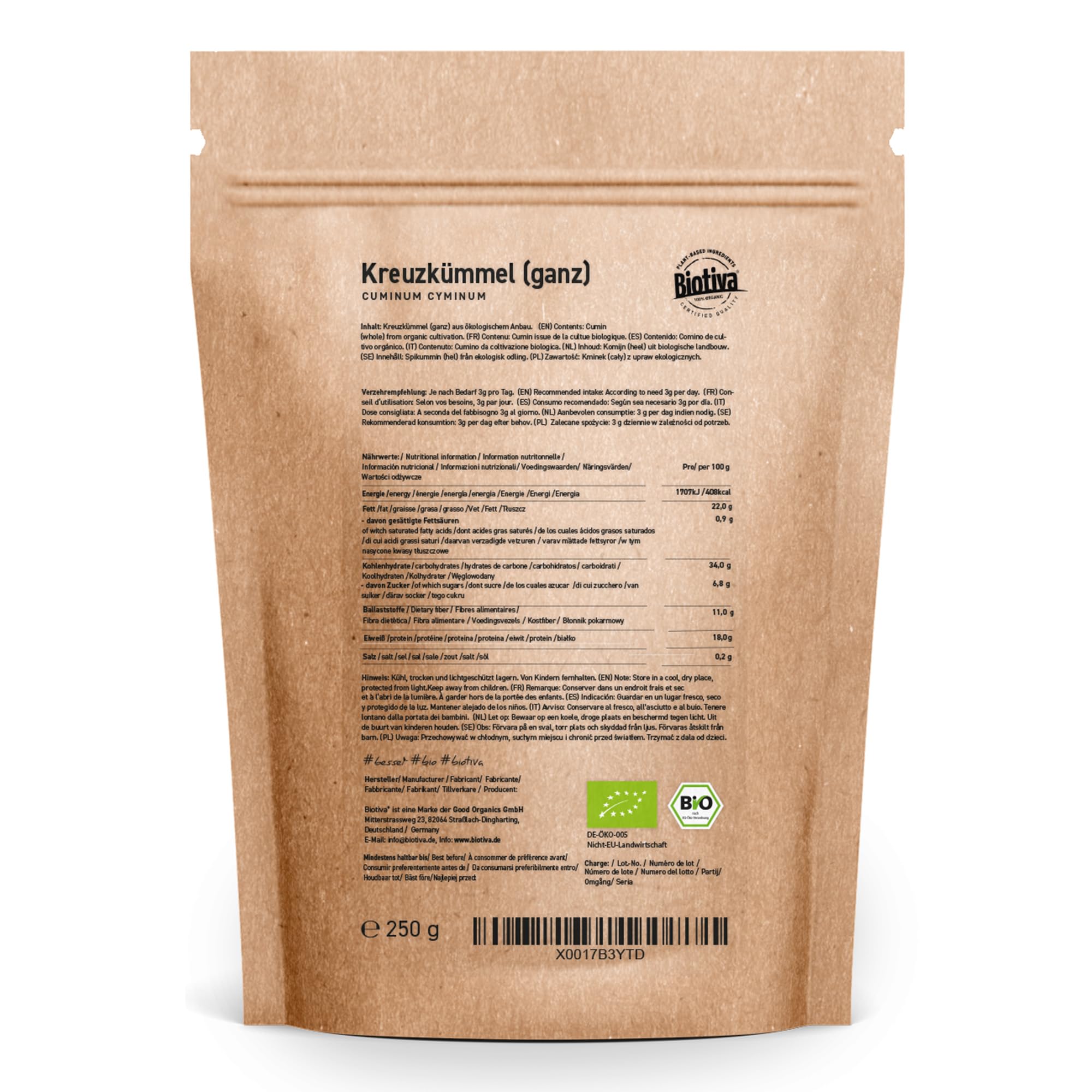 Biotiva Comino orgánico entero 500g (2x250g) - sin aditivos - Empacado y controlado en Alemania (DE-ÖKO-005)