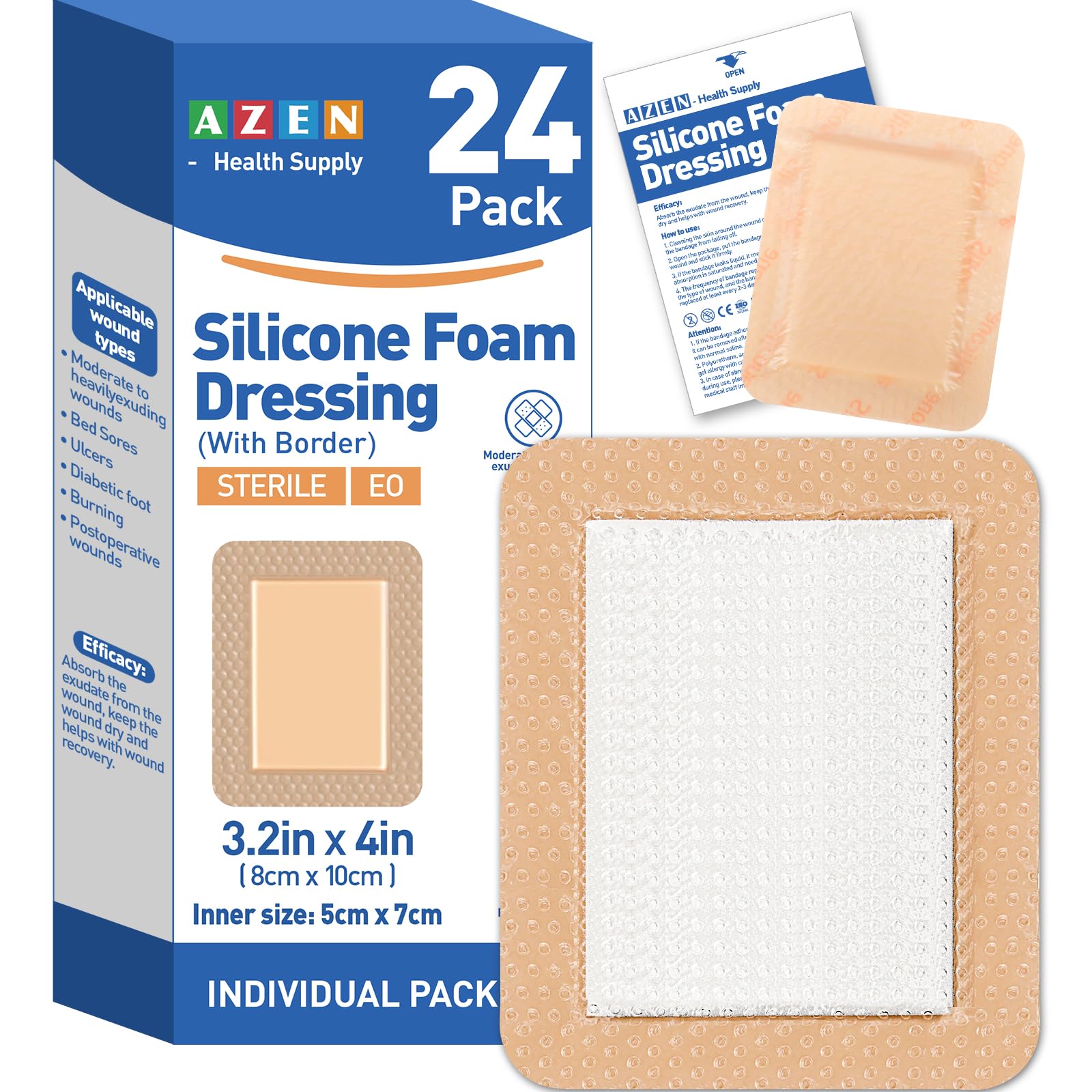 AZEN 12 Pack Silicone Foam Dressing, 3.2" X 4" Waterproof Silicone Bandages with Border Adhesive, Large Bandages for Wounds, Self Adhesive Wound Care and Dressings — Amazon image 8