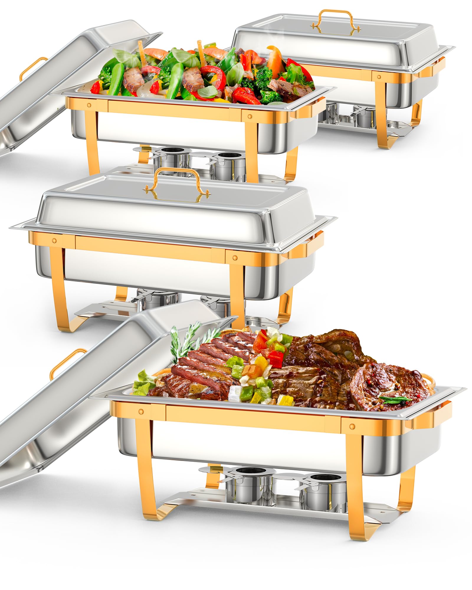 Photo 1 of *** RECOMENDED FOR PARTS HEAVILY USED DAMAGED & ( BADLY SCRATCHED) / HAS ODOR/UNKNOWN MISSING ASSEMBLY PIECES**** Chafing Dish Buffet Set, 8 QT 4 Pack, Rectangle Chafing Dishes for Buffet w/Lid Holder, Stainless Steel Chafer Food Warmers Servers with Spoo