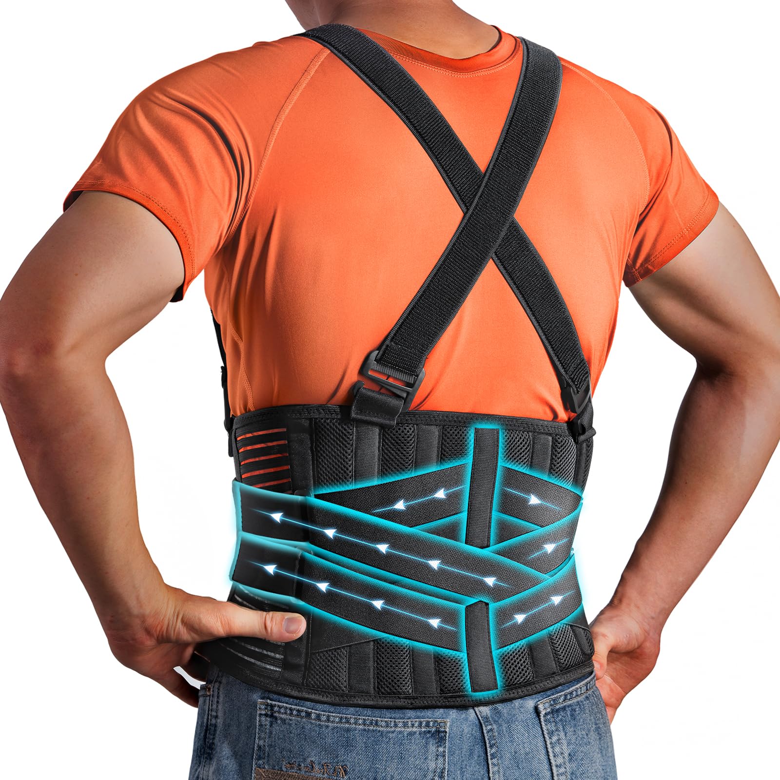 QIBODA Plus Size 4XL/5XL Work Back Brace with 2 Removable Suspender Straps, Back Posture Corrector for Heavy Lifting Safety Protector, Back Support