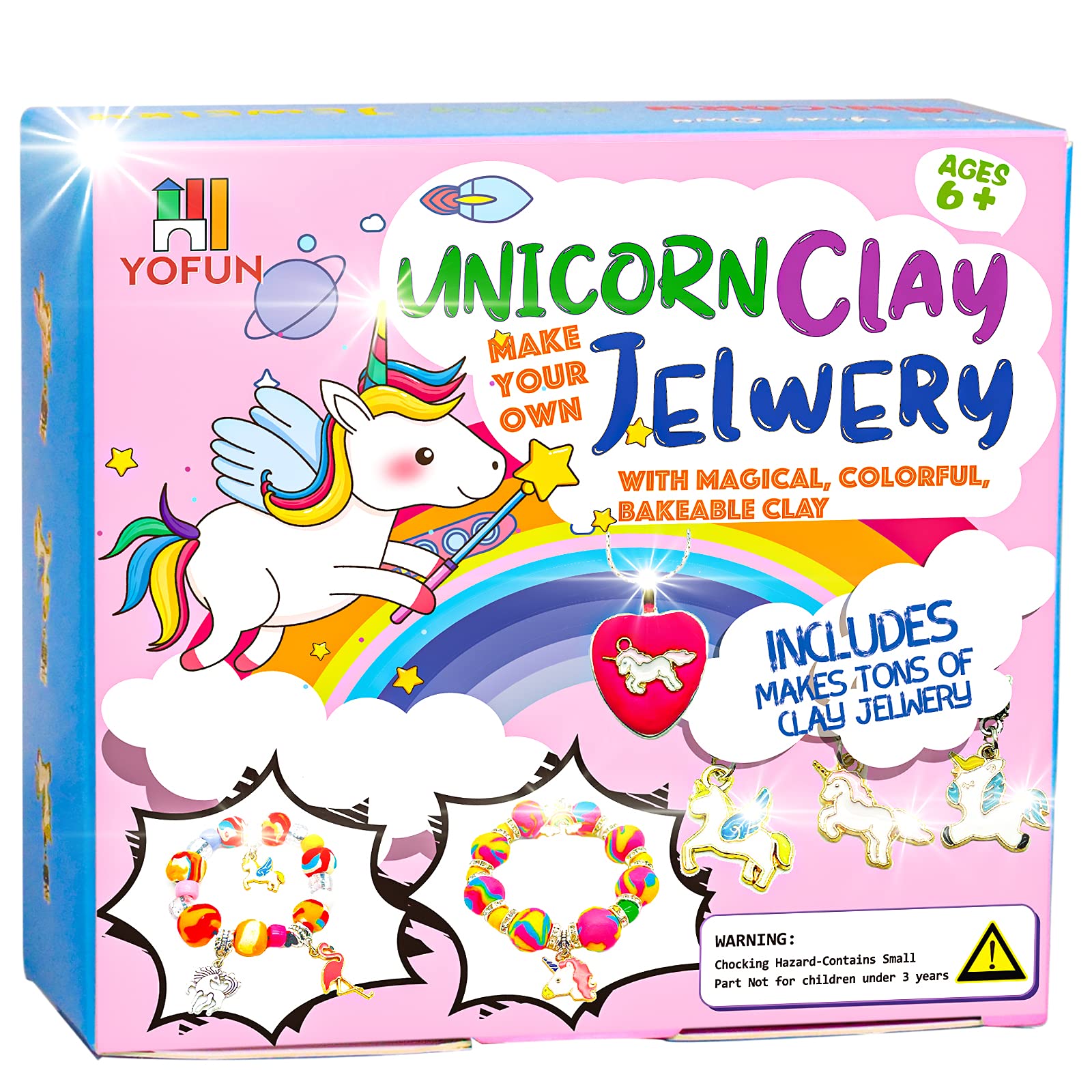 Children proudly displaying their handmade unicorn clay jewelry