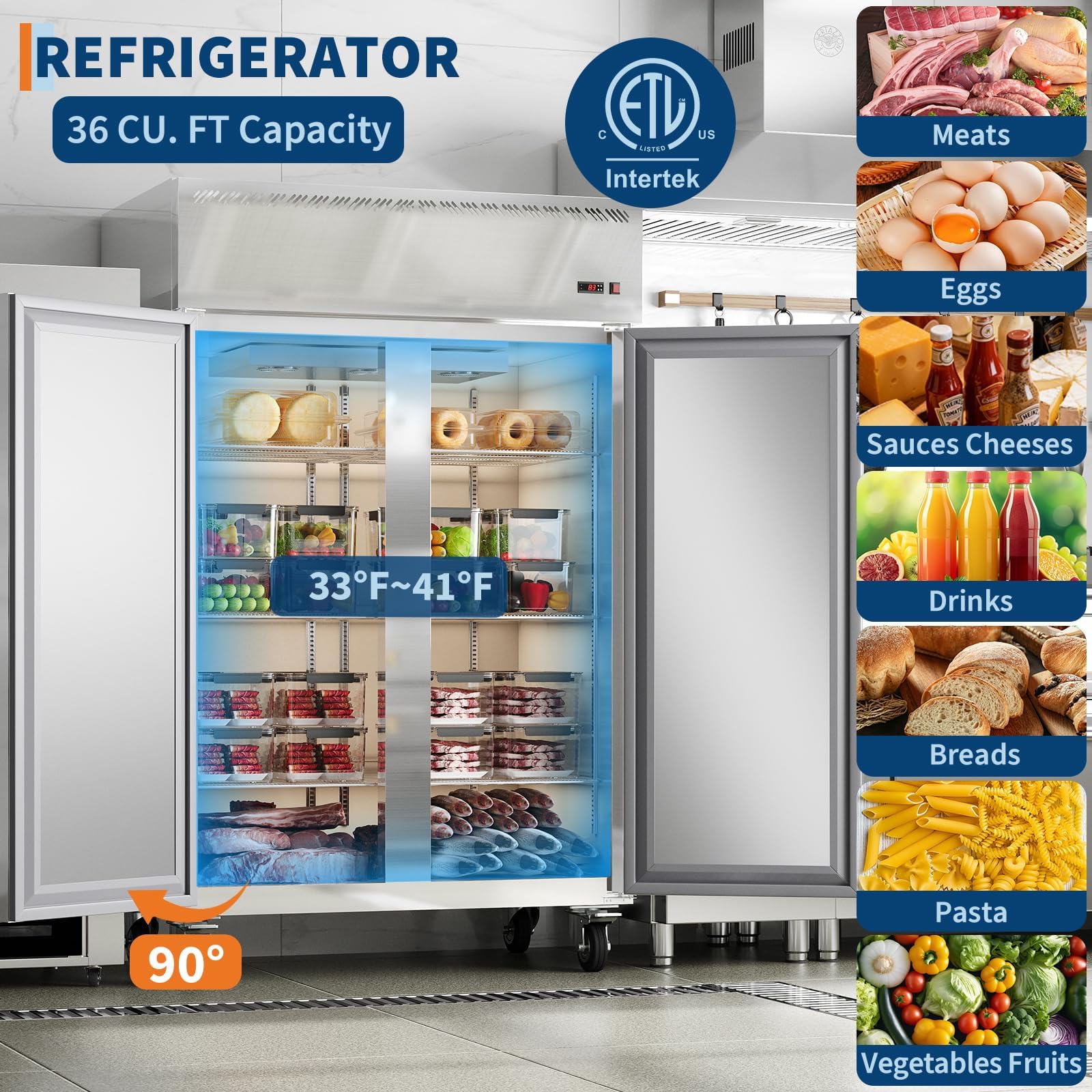 48" Commercial Refrigerator Freezer Combo, 36 Cu.Ft Upright Freezer, Stainless Steel Beverage Cooler, 2-Door Commercial Refrigerator Freezer, Fan Cooling, Auto Defrost, 6 Shelves For Restaurant Shop on Fridge.com - View 5