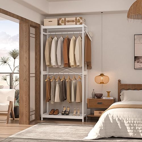 Miniatura 3 de Homykic Perchero de Bambú con Estantes y Varillas Dobles para Colgar, Sistema de Armario Portátil, Perchero para Colgar Ropa, Estante de Ropa Alto,