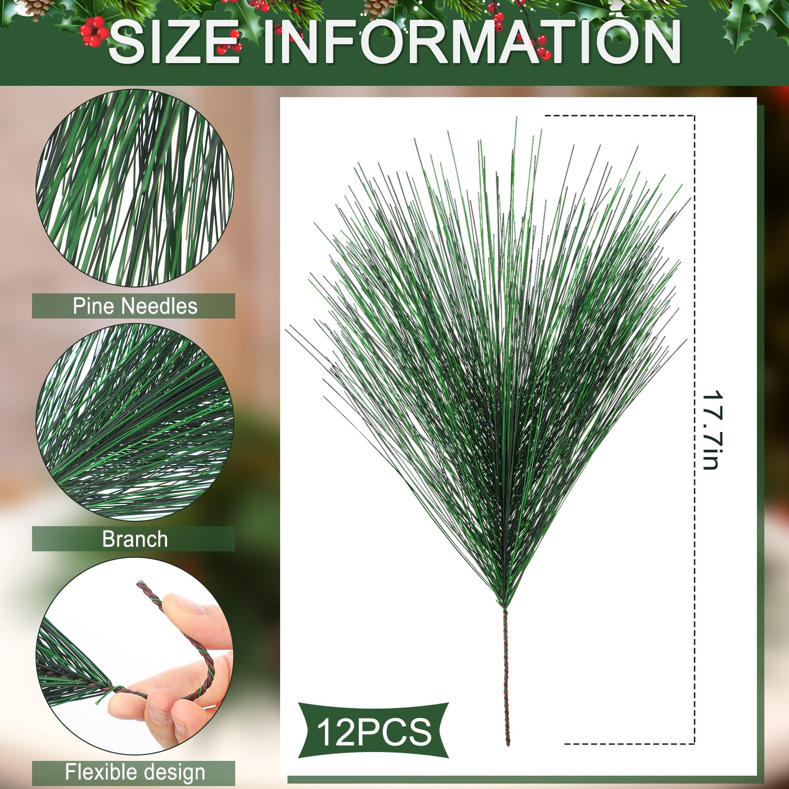 Norme Lot de 12 grandes aiguilles de pin artificielles vertes de 45 cm pour décoration de Noël, guirlande de Noël, couronne, arrangements floraux, décoration de vacances