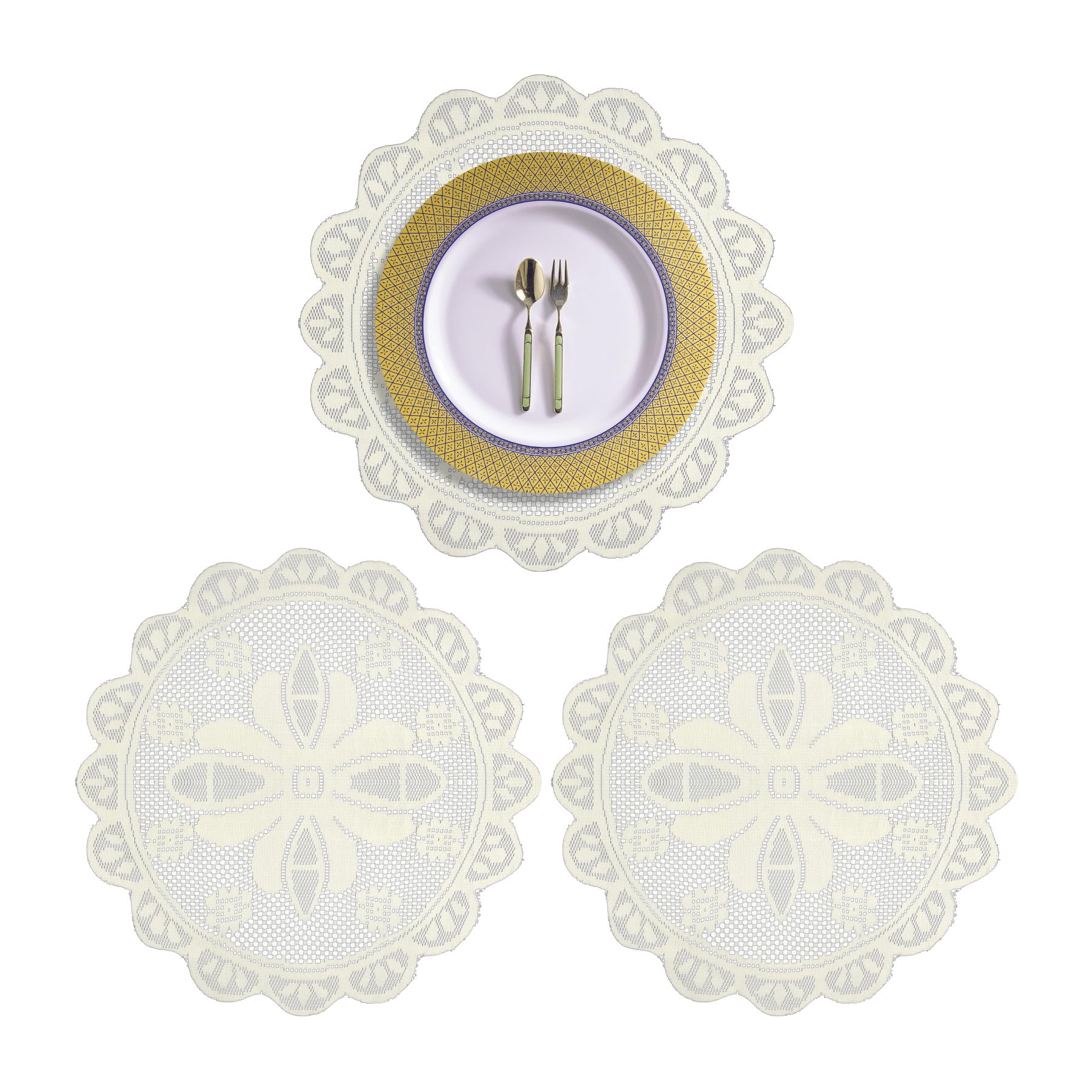 Kuber Industries Placemat | Dining Table Placemat | Round Plain Net Placemat Set | Side Table Placemats | 20 Inch | Pack of 3 | White