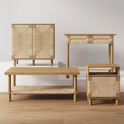 Miniatura 9 de Nathan James Beacon - Mesita de noche de madera, mesa decorativa bohemia o mesa auxiliar de sofá con puerta de hierba marina para dormitorio o sala