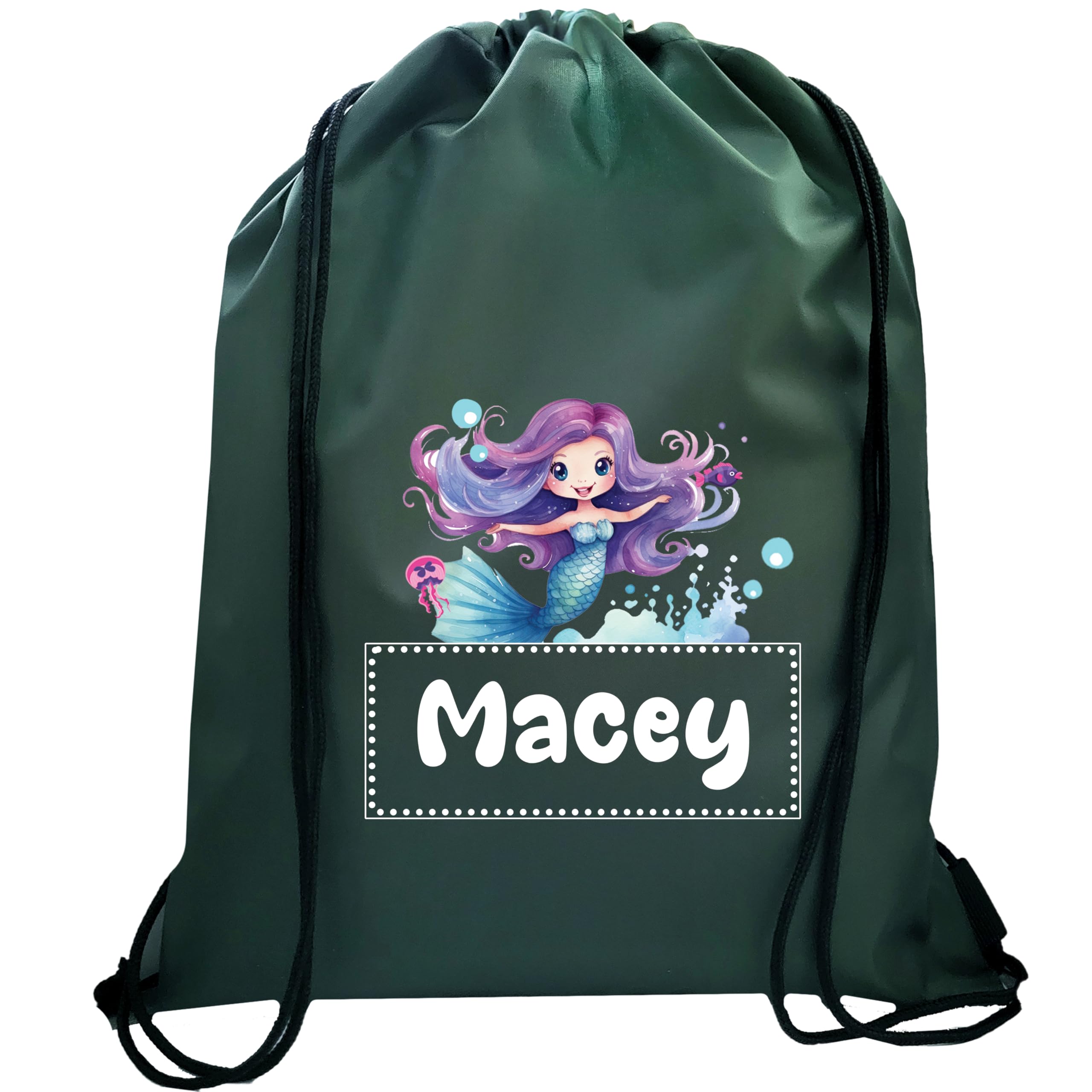JJLC Personalised Girls Drawstring Bag in 2 designs and 8 Colours Back to school and swimming (Bottle Green Drawstring)