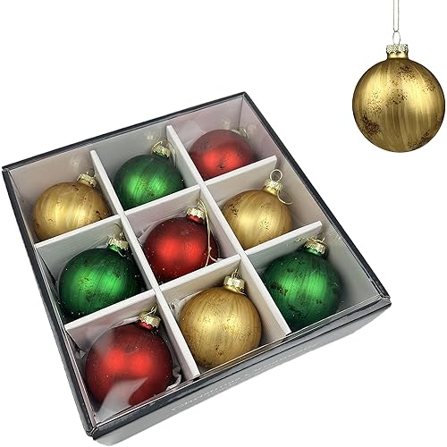 VGEUNA 2.63”/67MM Brushed Glass Christmas Ball Ornaments, 9-Piece Boxed Decorative Hanging Ornament Set for Christmas Decorations (Style A06)