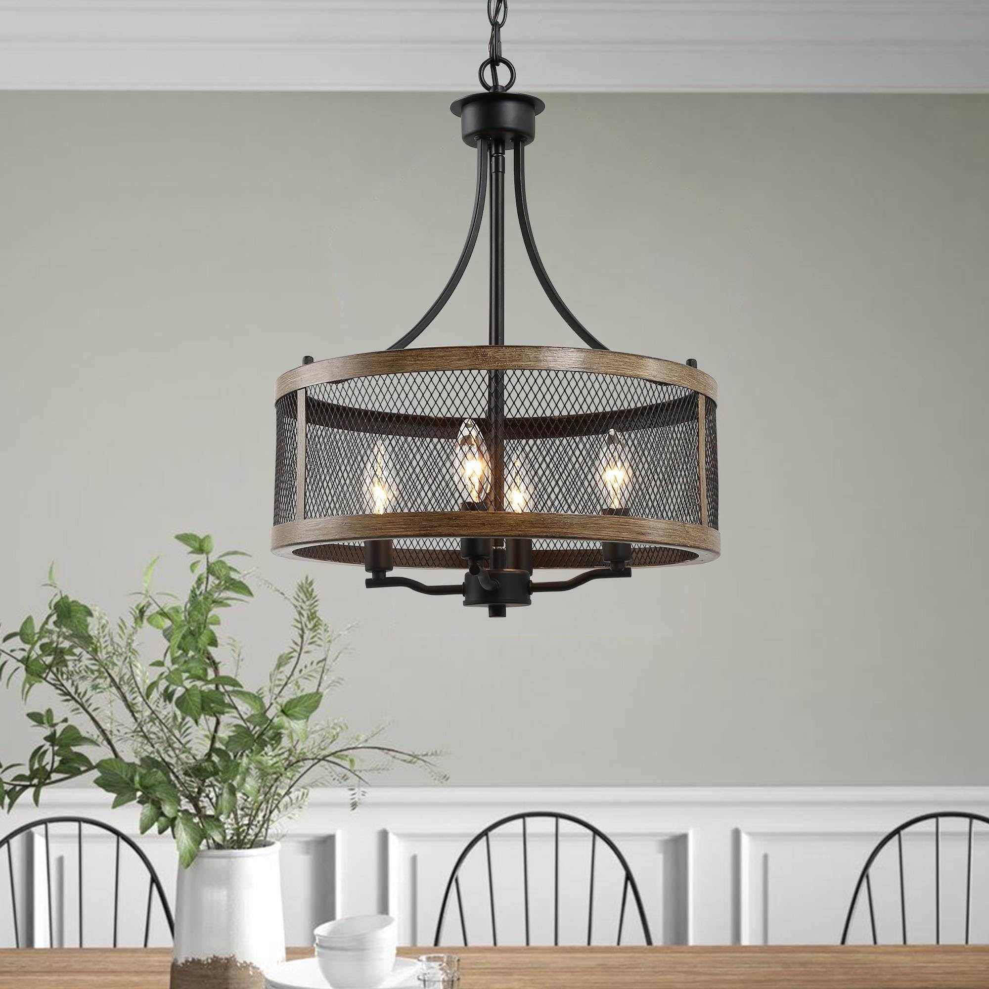 KSANA Farmhouse Chandelier Review: 4-Light Rustic Drum Pendant Light Fixture 2 KSANA Farmhouse Chandelier, 4-Light Rustic Drum Pendant Lights, 16’’ Faux Wood Chandeliers Hanging Light Fixture for Dining Room, Bedroom, Living Room, Foyer, Entryway - Detailed View