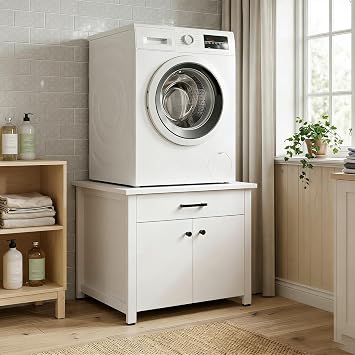 ECACAD 28" W Laundry Pedestal Washer Dryer Pedestal with Laundry Basket Shelf & Storage Shelves, 330LBS Universal Washing Machine Stand with Metal Frame & Adjustable Feet, Anti-Vibration, White