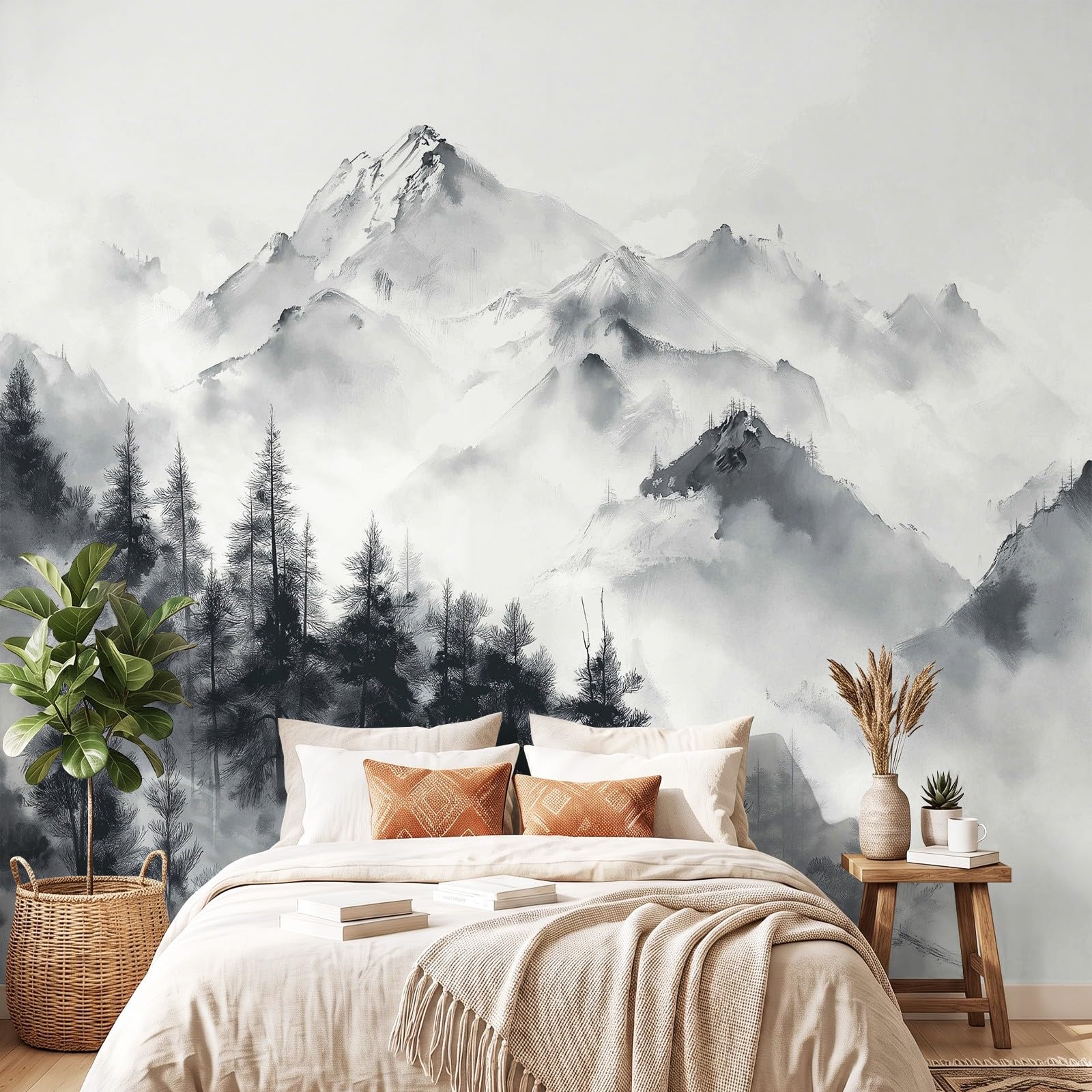 Générique Tapeta z włókniny w stylu orientalnym, czarno-biała, tapeta panoramiczna sosny górskie do mebli, do salonu, dekoracja ścienna 400 x 280 cm